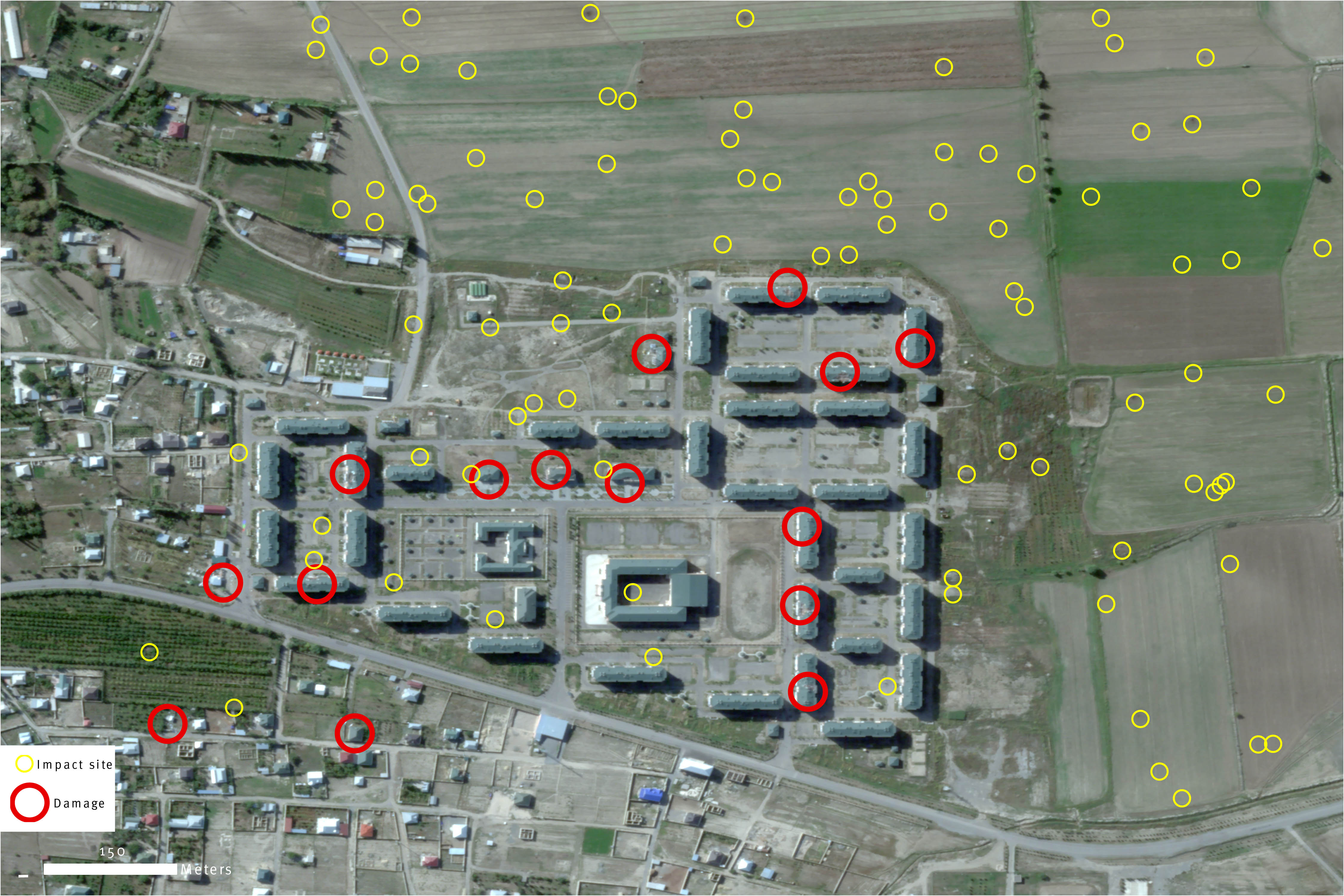 Close-up 1. Satellite imagery from October 3, 2020, documents severe damage to the residential settlement of Shikharkh on the western edge of Tartar city.