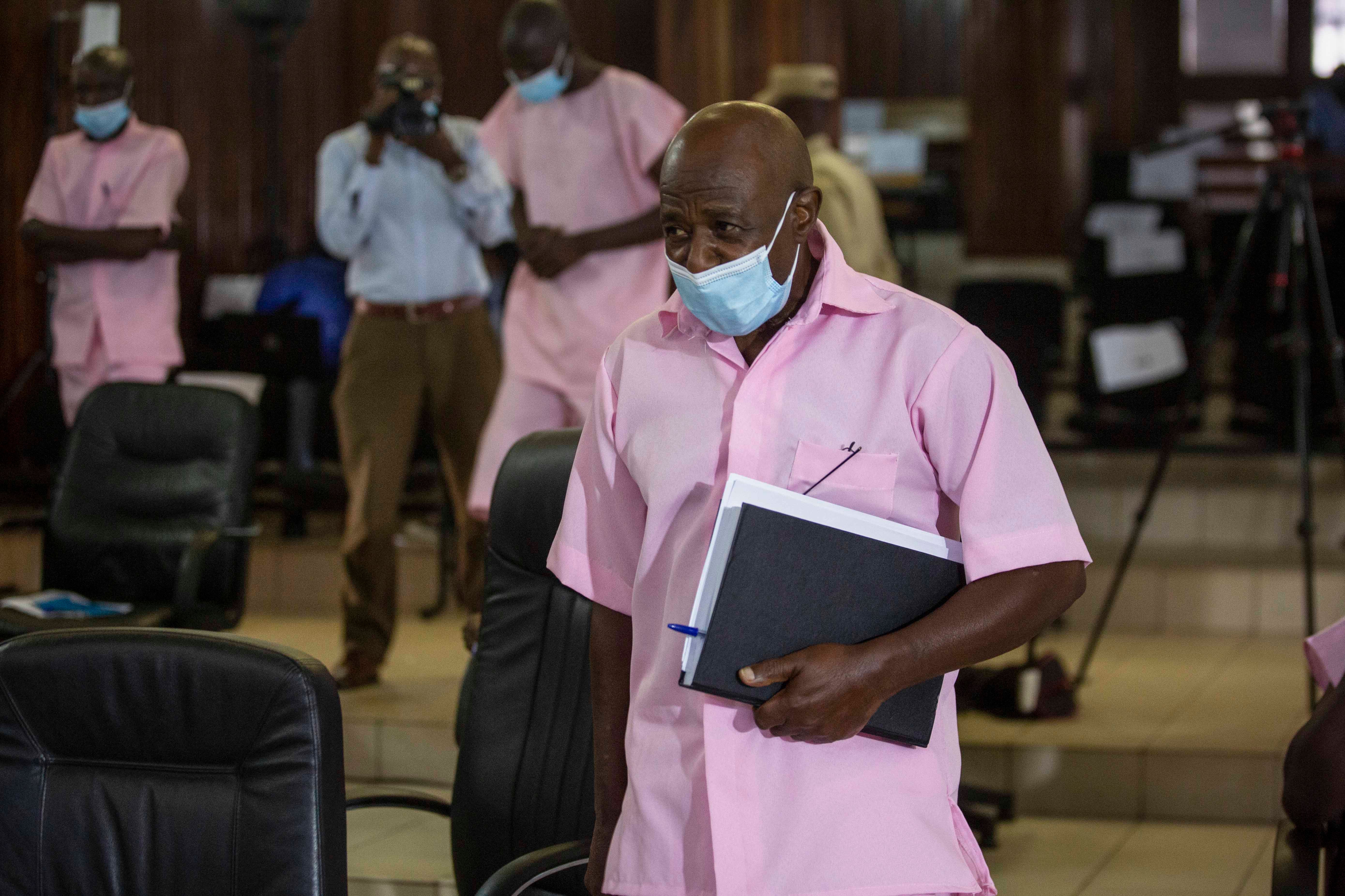 Paul Rusesabagina, a prominent government critic, attends a court hearing in Kigali, Rwanda on February 26, 2021. Rwanda’s High Court Chamber for International and Cross-border Crimes ruled that it has jurisdiction to try him.