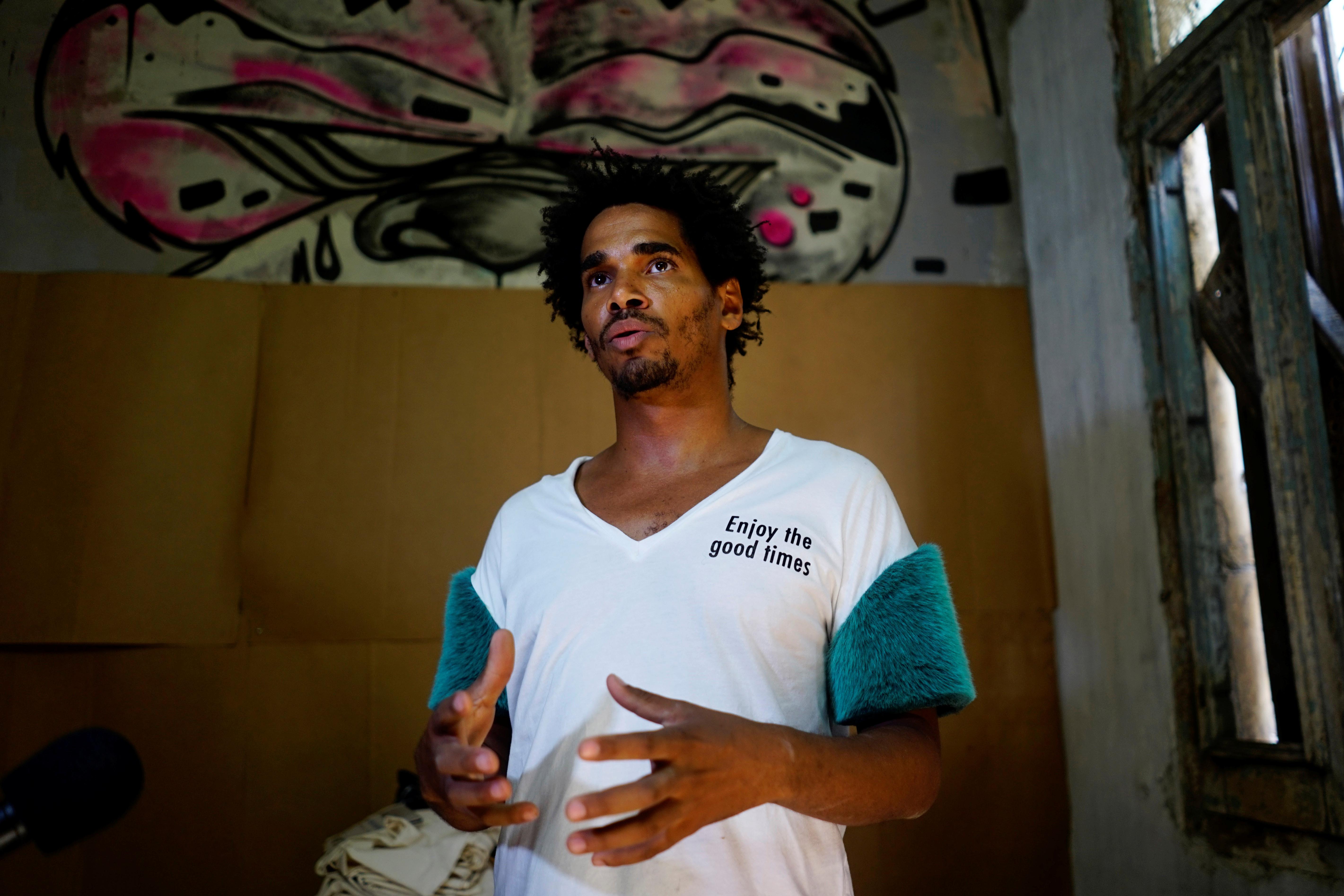 Luis Manuel Otero Alcántara, an artist who has vocally criticized repression in Cuba, speaks during an interview at his home in Havana, Cuba, on May 2, 2018. Alcántara has remained in prison since he was detained during a peaceful demonstration on July 11, 2021.