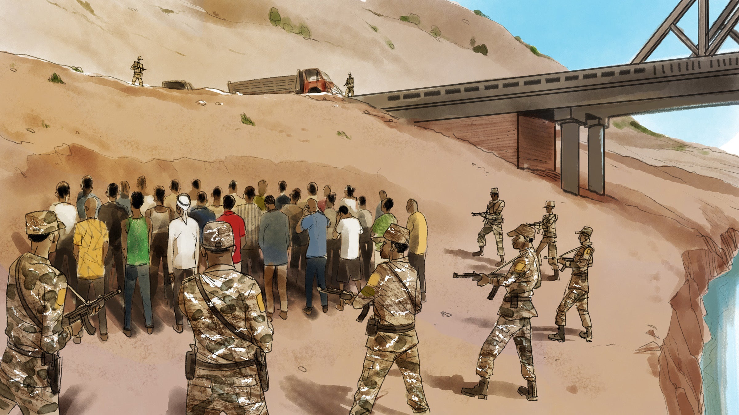 Illustration of soldiers pointing weapons at the backs of a group of men