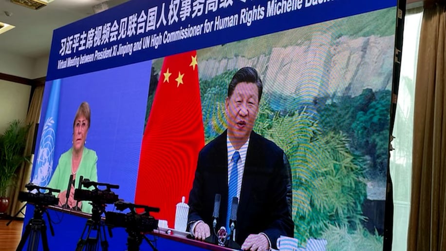 Chinese President Xi Jinping holds a virtual meeting with UN High Commissioner for Human Rights Michelle Bachelet