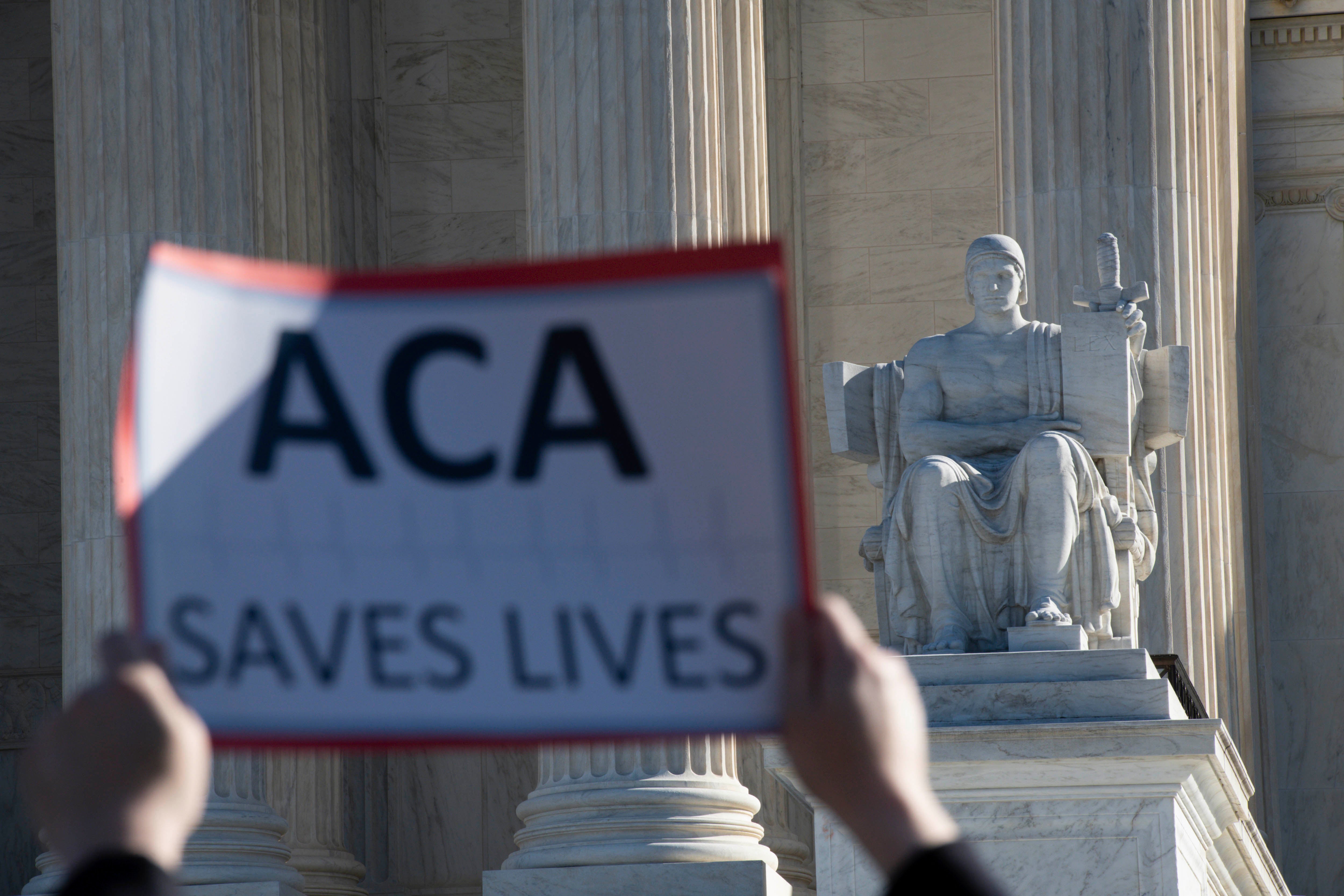 A protester holds up a sign that says "ACA saves lives"