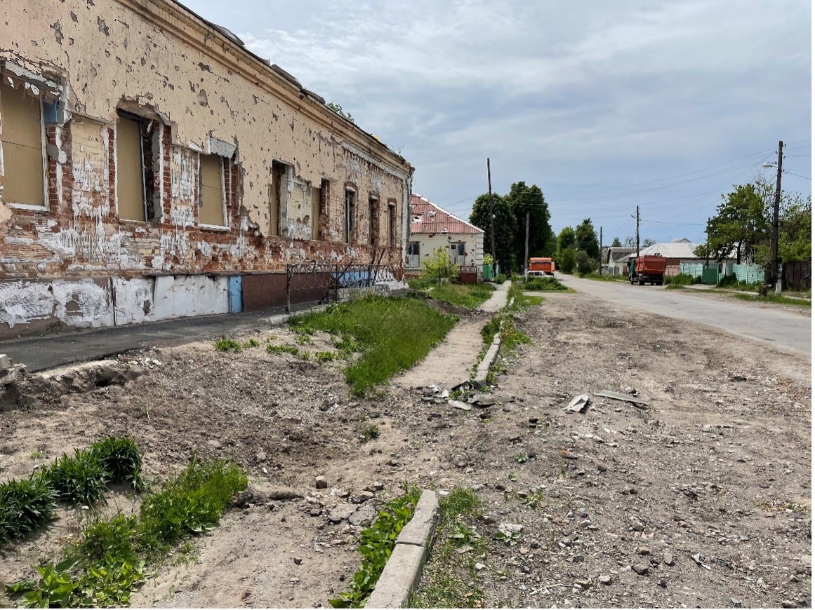 Blast and fragmentation damage caused to Derhachi hospital’s primary healthcare unit after an April 7 attack, May 26, 2022. 