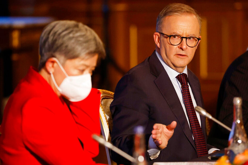 Australian Prime Minister Anthony Albanese, flanked by Foreign Minister Penny Wong