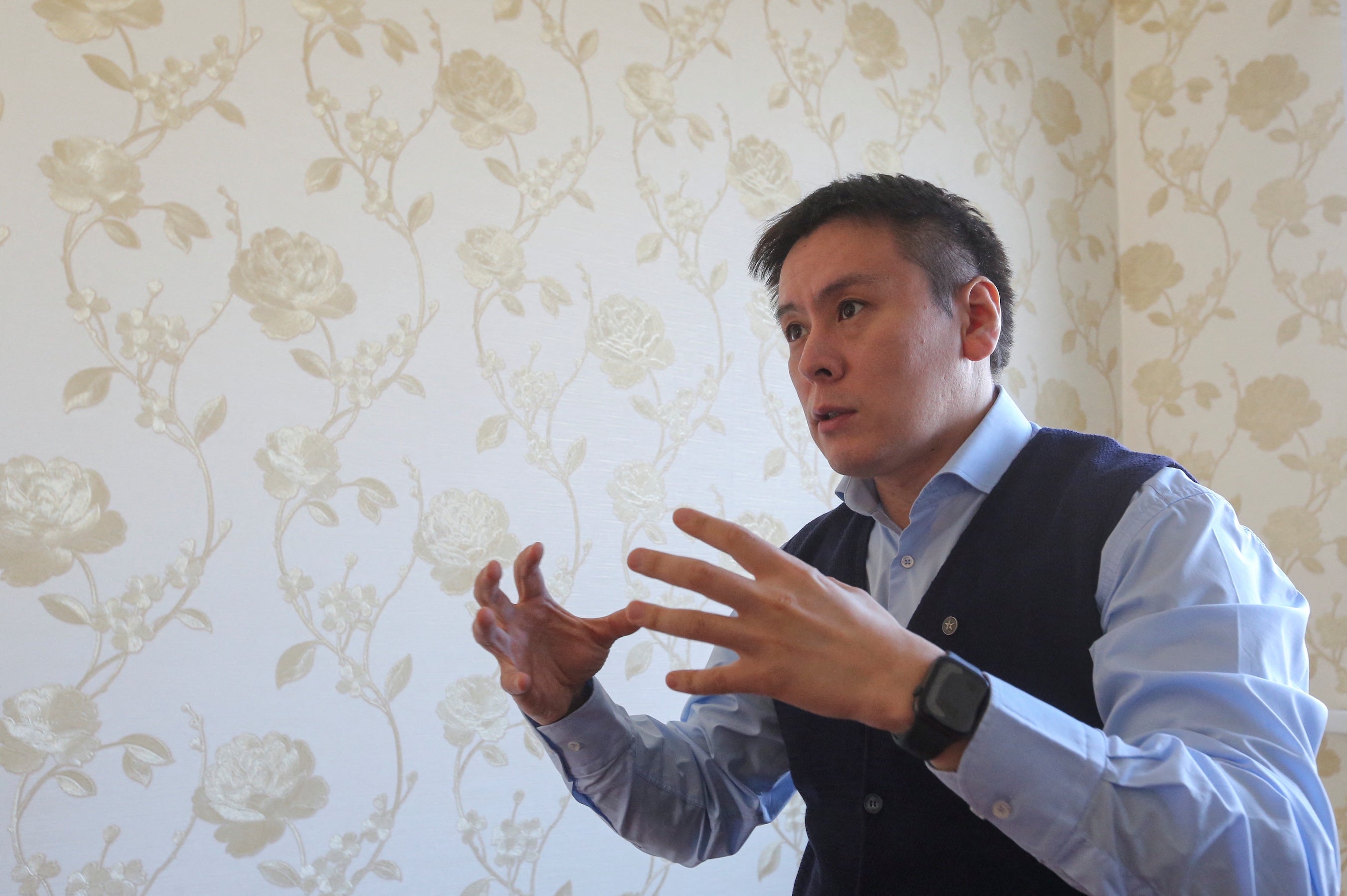Kazakh opposition politician Zhanbolat Mamai speaks during an interview in Almaty, Kazakhstan.