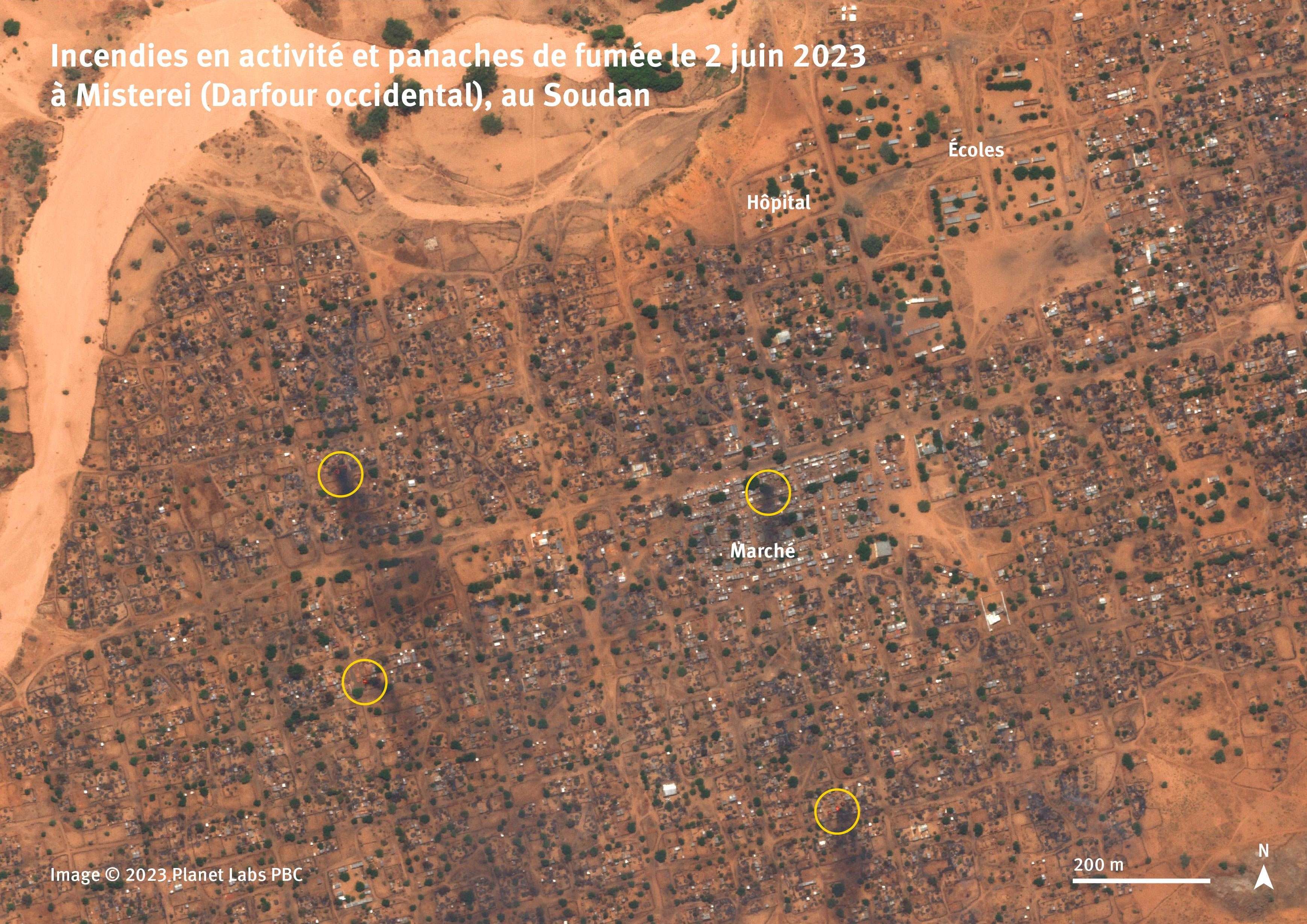 Des images satellite du 2 juin 2023 montrent plusieurs incendies en activité et des panaches de fumée dans la ville de Misterei, au Darfour occidental au Soudan. 