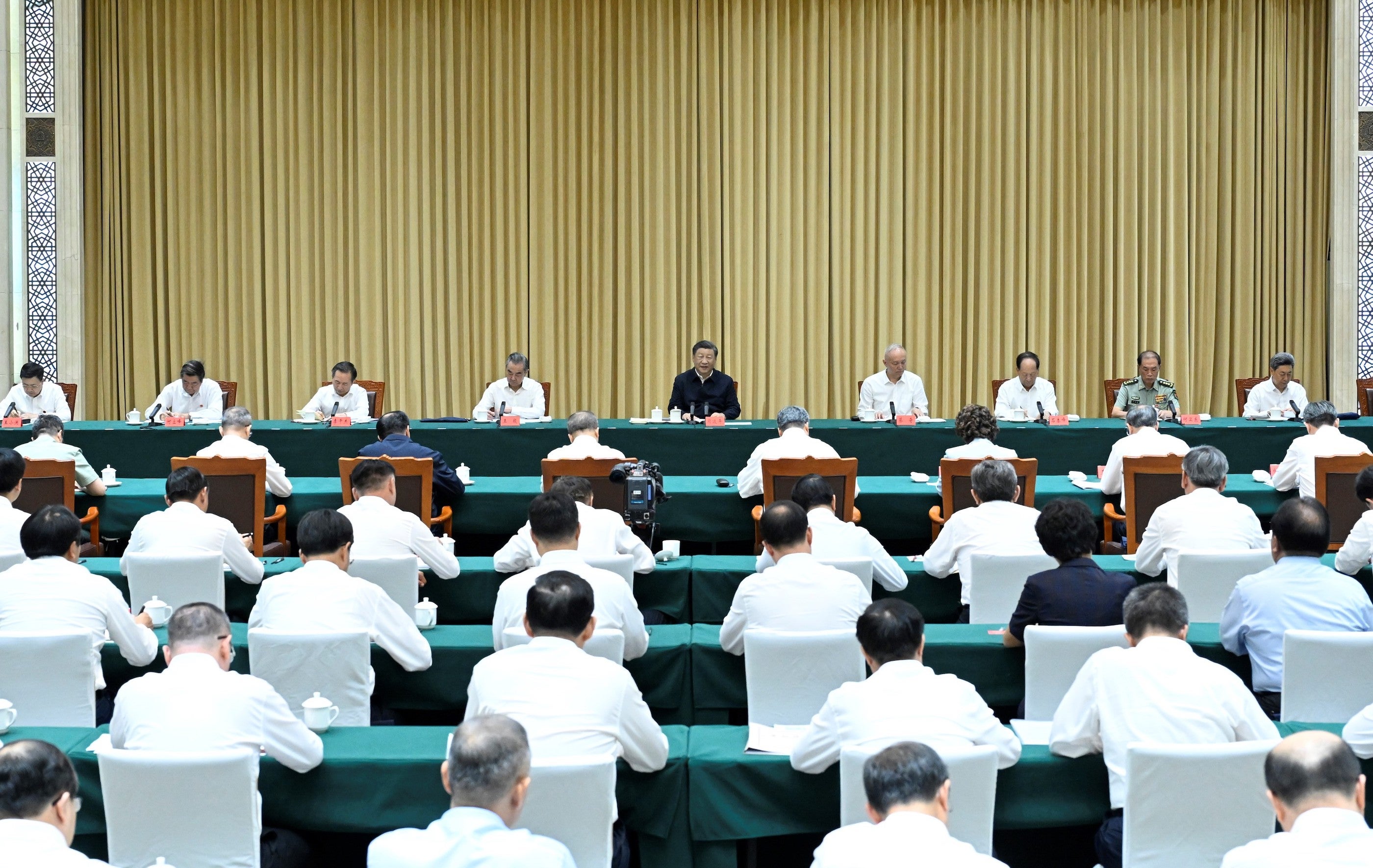 Chinese President Xi Jinping delivers a speech in Urumqi, in northwest China's Xinjiang Uygur Autonomous Region, August 26, 2023. 
