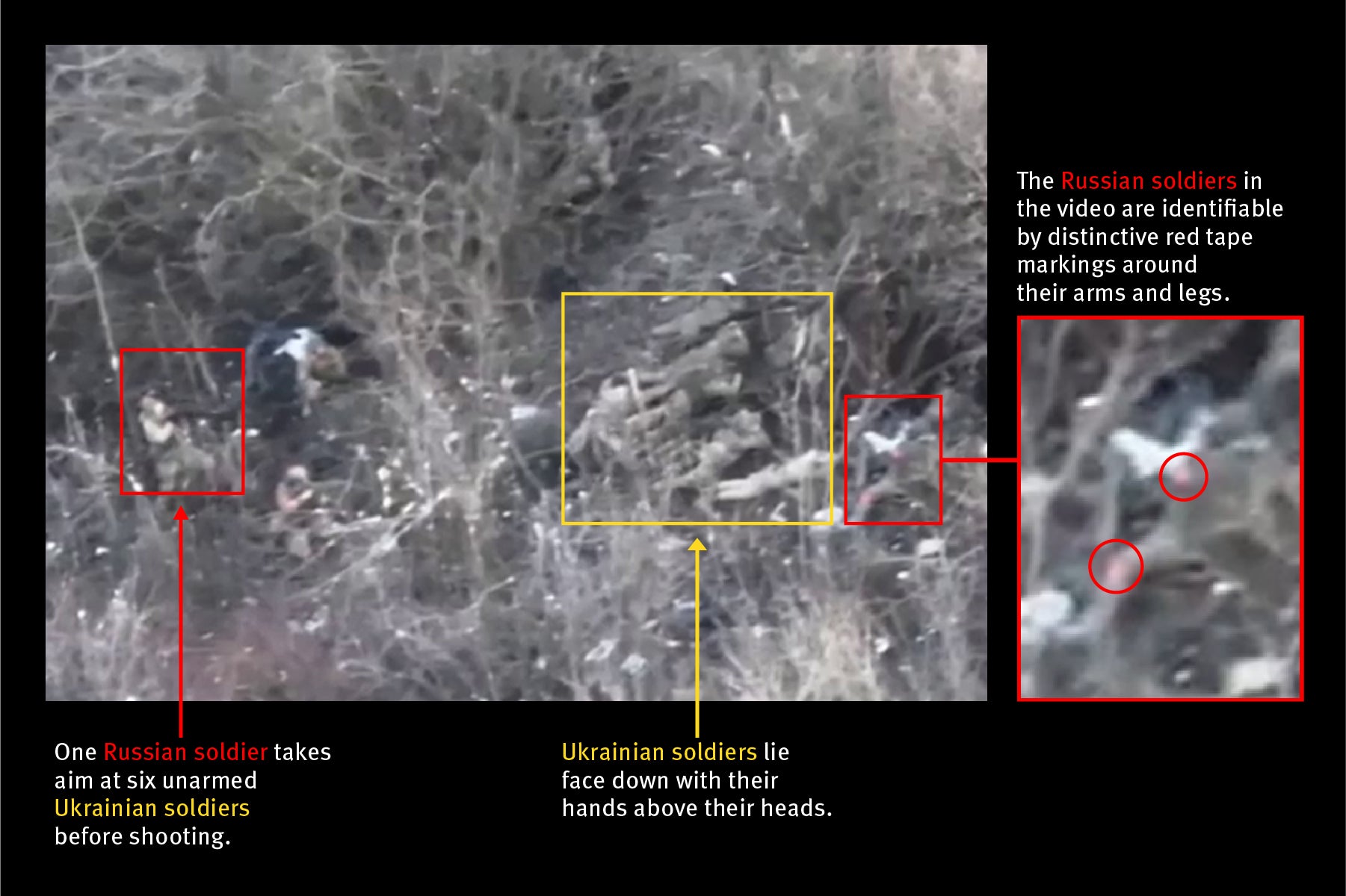 A still frame extracted from drone footage filmed near Ivanivske village in the Donetska region of Ukraine moments before Russian soldiers shoot at seven surrendering Ukrainian soldiers at close range.