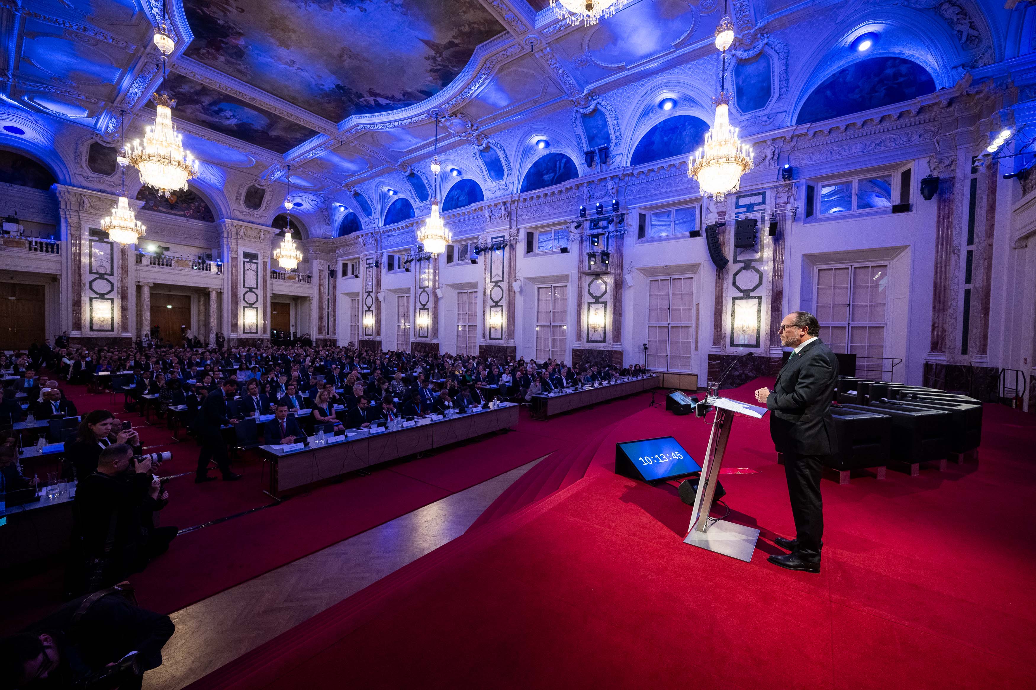 Austrian Foreign Minister Alexander Schallenberg welcomes participants to the international “Humanity at the Crossroads” conference on autonomous weapons systems, in Vienna on April 29-30, 2024 