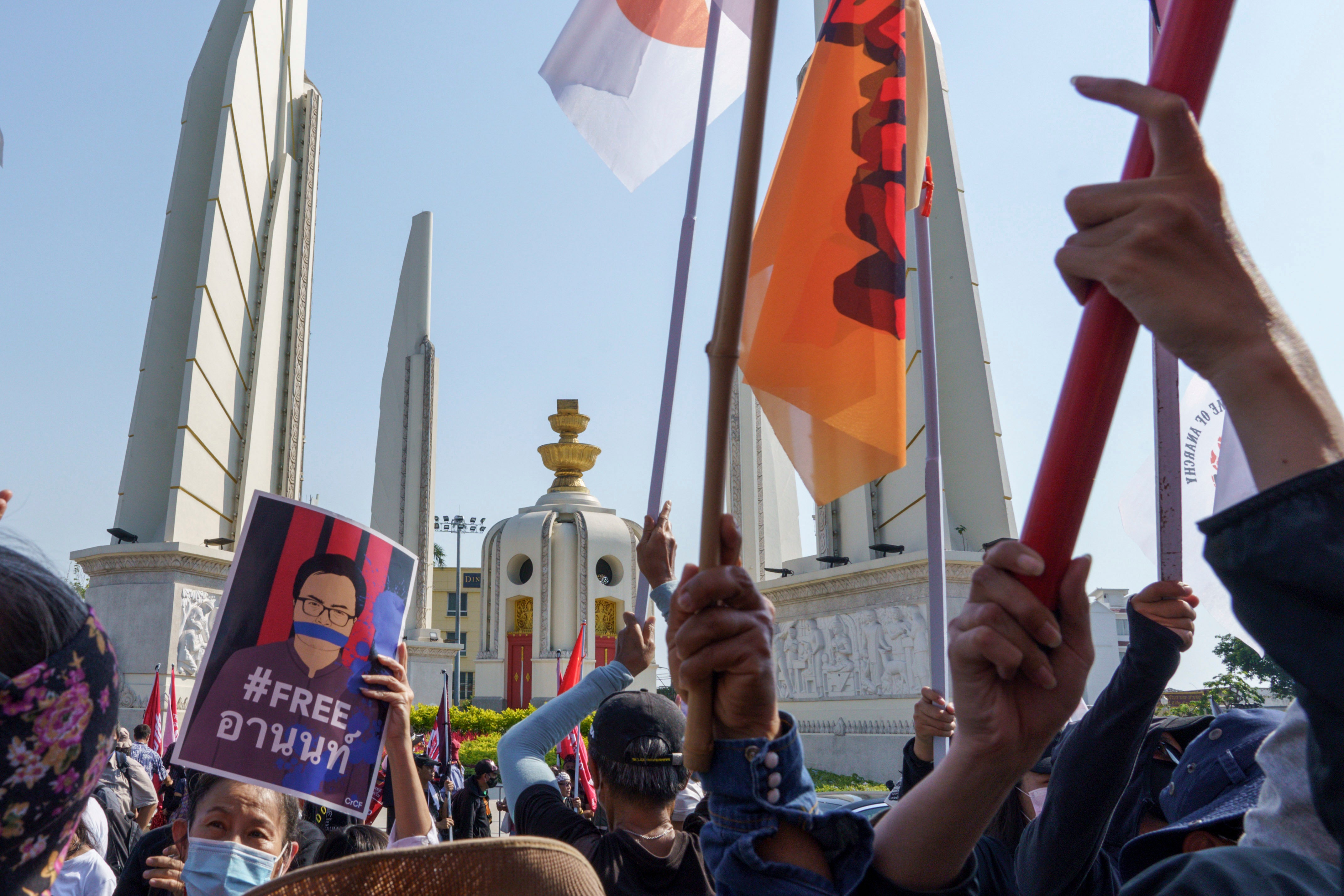 Protesters demonstrate against the detention of four democracy activists under the lese majeste (insulting the monarchy) law, Bangkok, Thailand, March 7, 2021.
