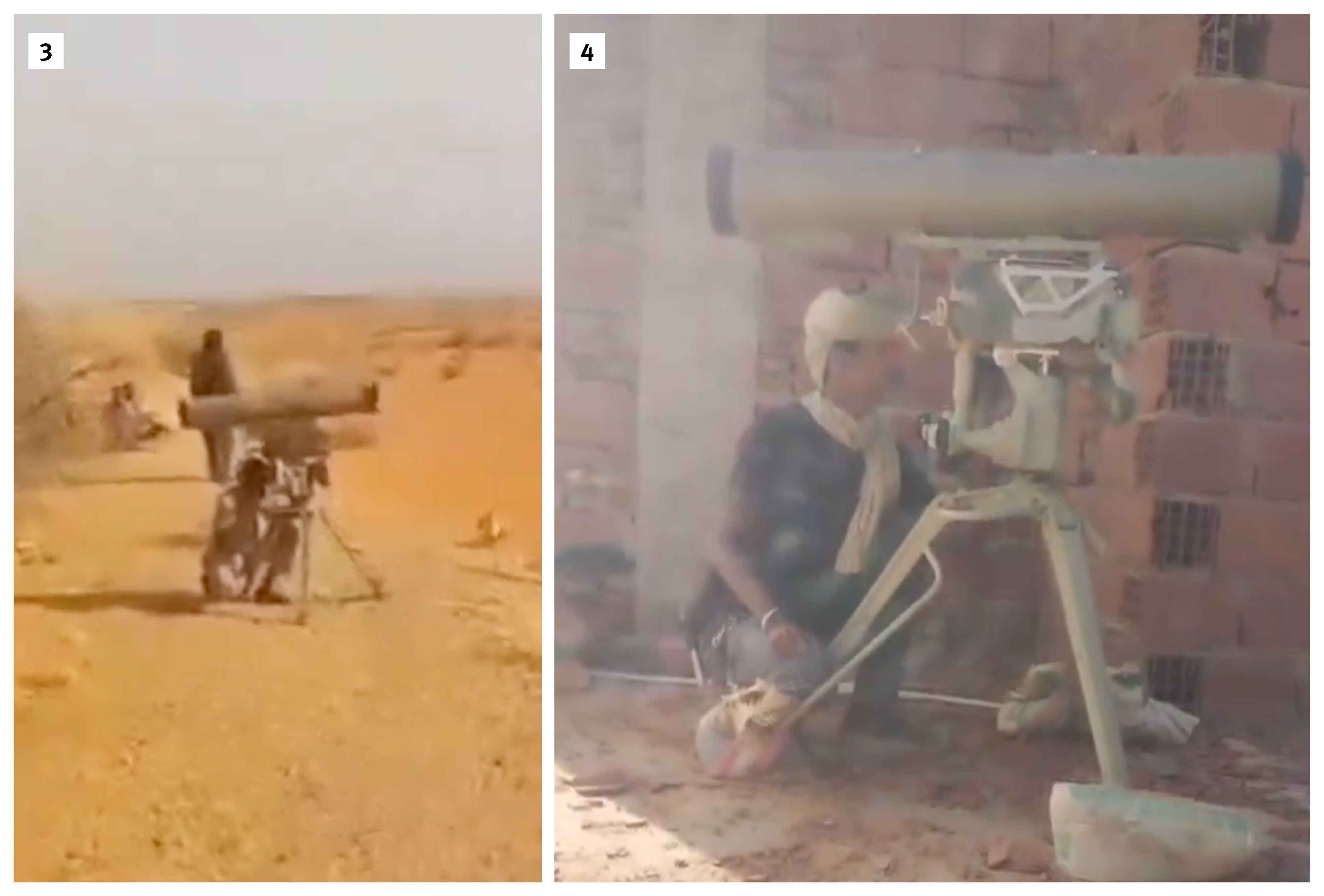 Another video (3) posted to X on April 22, 2024, and claiming to have been filmed on April 21, 2024, in El Obeid (Northern Kordofan) shows a fighter in the beige uniform of the RSF firing a Kornet missile at a vehicle, which catches fire. Two other videos that Human Rights Watch was also unable to geolocate show fighters in beige uniforms firing Kornet missiles. In one (4), posted to X on June 9, 2024, a man wearing a beige turban fires a Kornet missile from a rooftop. 