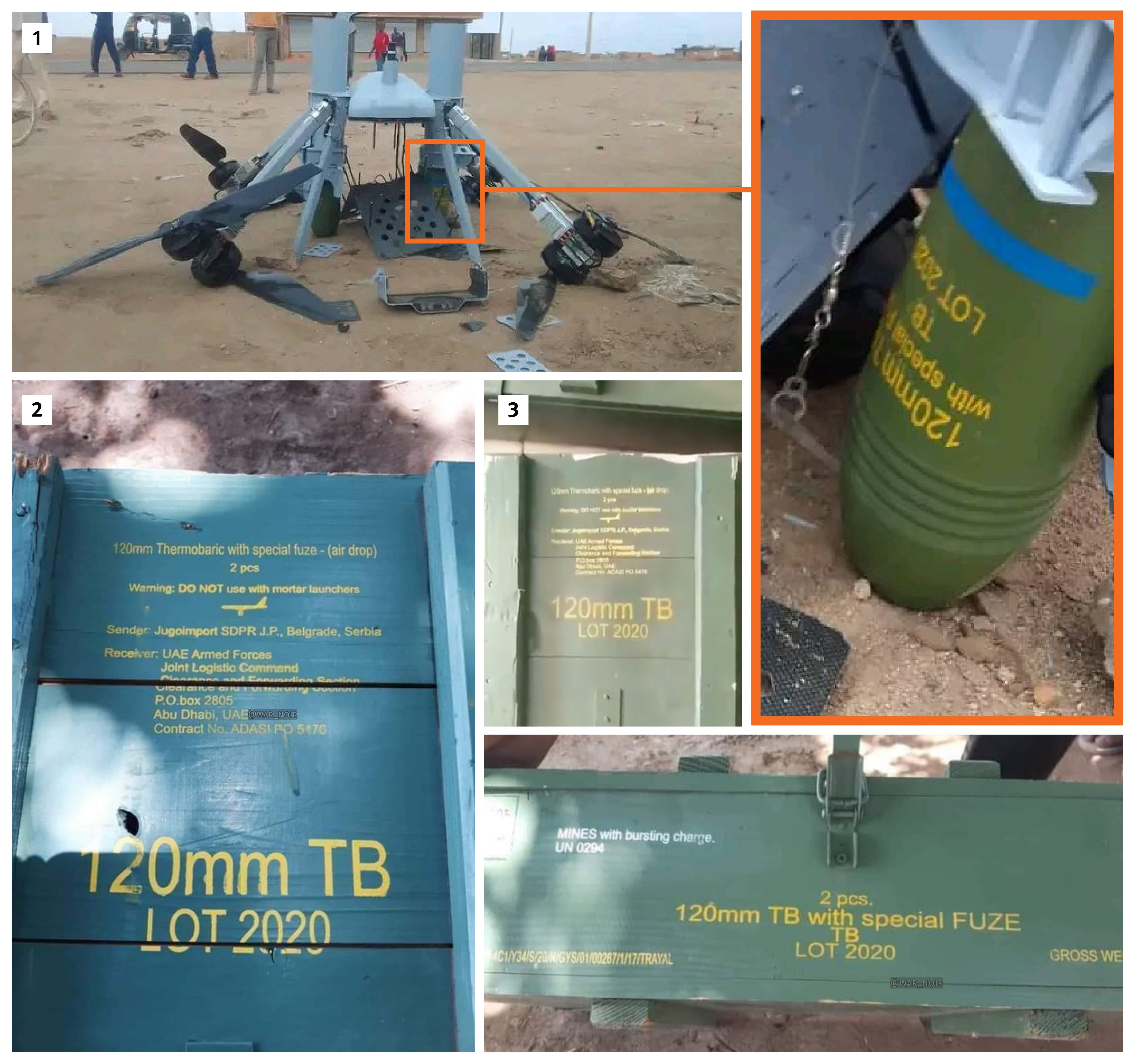 Photographs from a post (1) from June, 13, 2023, show the munition affixed to an unidentified type of drone and show lot number markings on one of the munitions, indicating the munition was manufactured no earlier than 2020, which suggests that it could have been recently supplied to the RSF. On July 25, 2023, the pseudonymous account War Noir posted to X four photographs (2), two of which show a shipping crate of two of these munitions with markings indicating they were manufactured in 2020 and sent from B
