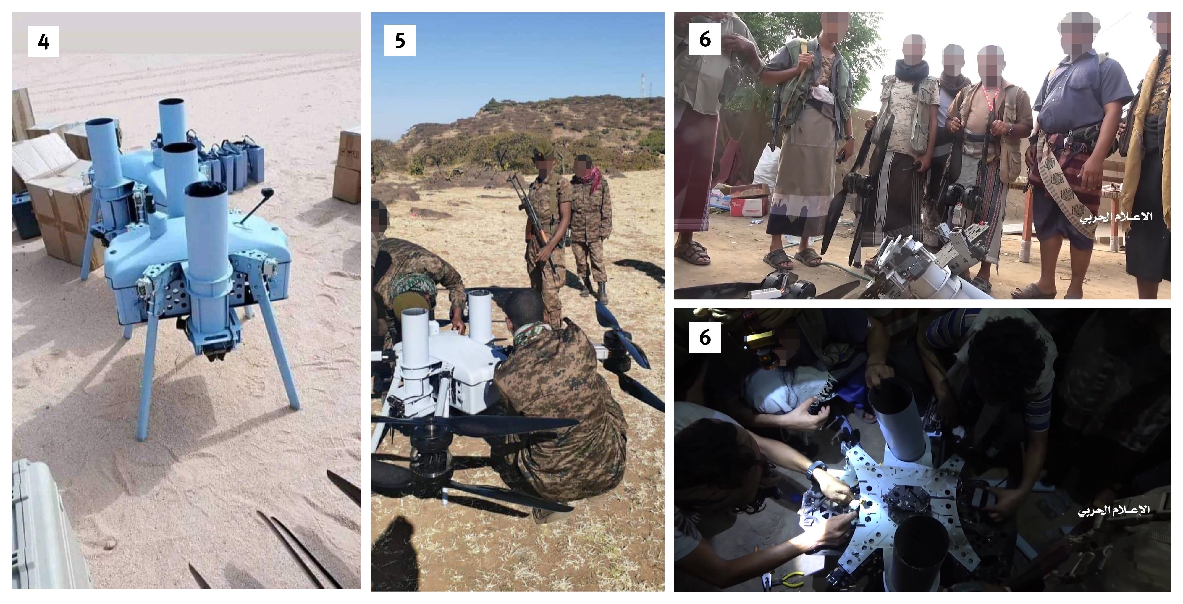 The drone appears to be a large drone retrofitted with two tubes designed to carry and drop the 120mm thermobaric munitions (4). Though the drone is manufactured according to a standardized design, it notably lacks visible markings, obscuring its origins. A nearly identical drone was used by the Ethiopian military in Ethiopia (5) and by an unknown force against Houthis in Yemen (6) in 2021. 