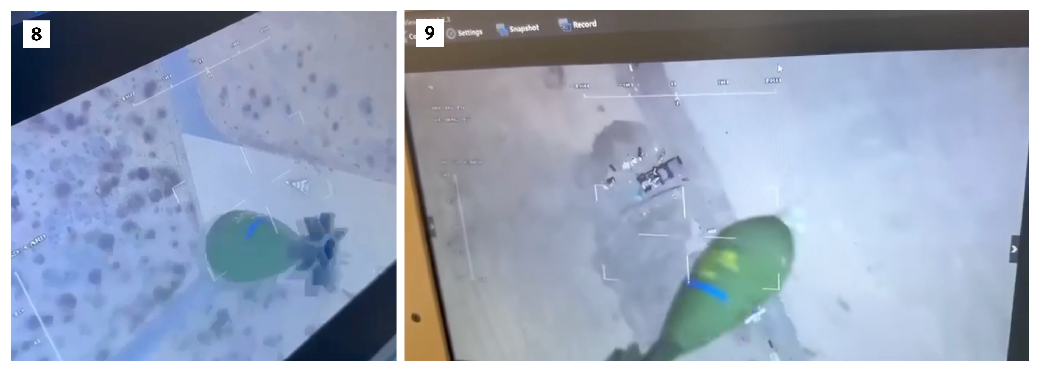 In one of these videos (8), published by a pro-RSF account in March 2024, the live feed of a drone shows it dropping a 120mm thermobaric munition on an SAF fighter jet on the tarmac of the Wadi Saydna Air Base, a few kilometers north of Khartoum. The software interface also appears to be that of Viewprotech. Satellite analysis shows the strike took place sometime between the mornings of July 26 and July 27, 2023. Another video (9) published the same month shows, via a Viewprotech interface, a drone strike w