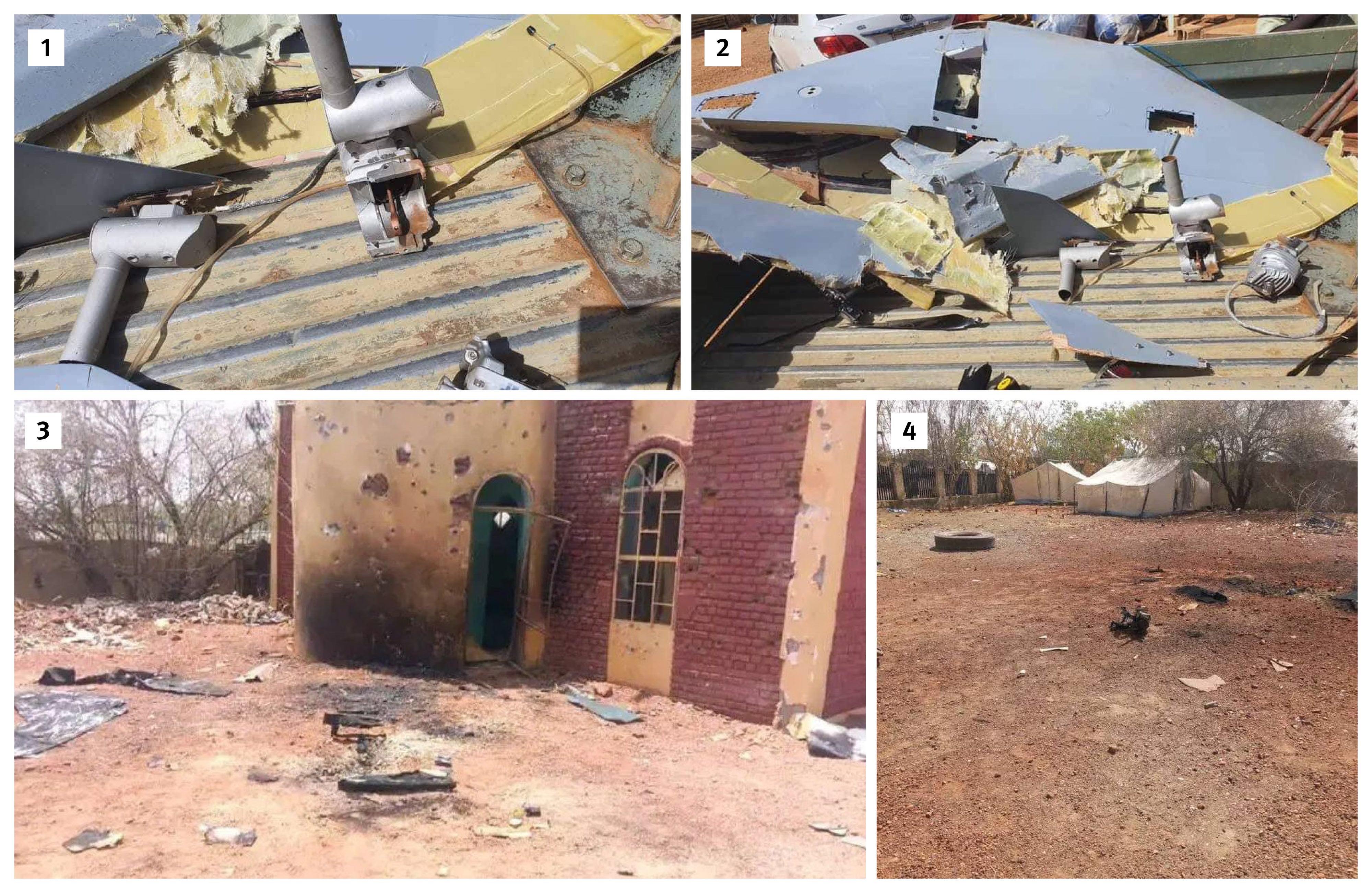 Photographs posted on that day (1 and 2) by a pro-SAF Telegram account show remnants—including an engine—from such a drone that appears to have detonated, as well as fragmentation and thermal damage (3 and 4) apparently caused by the drone (5 and 6). 