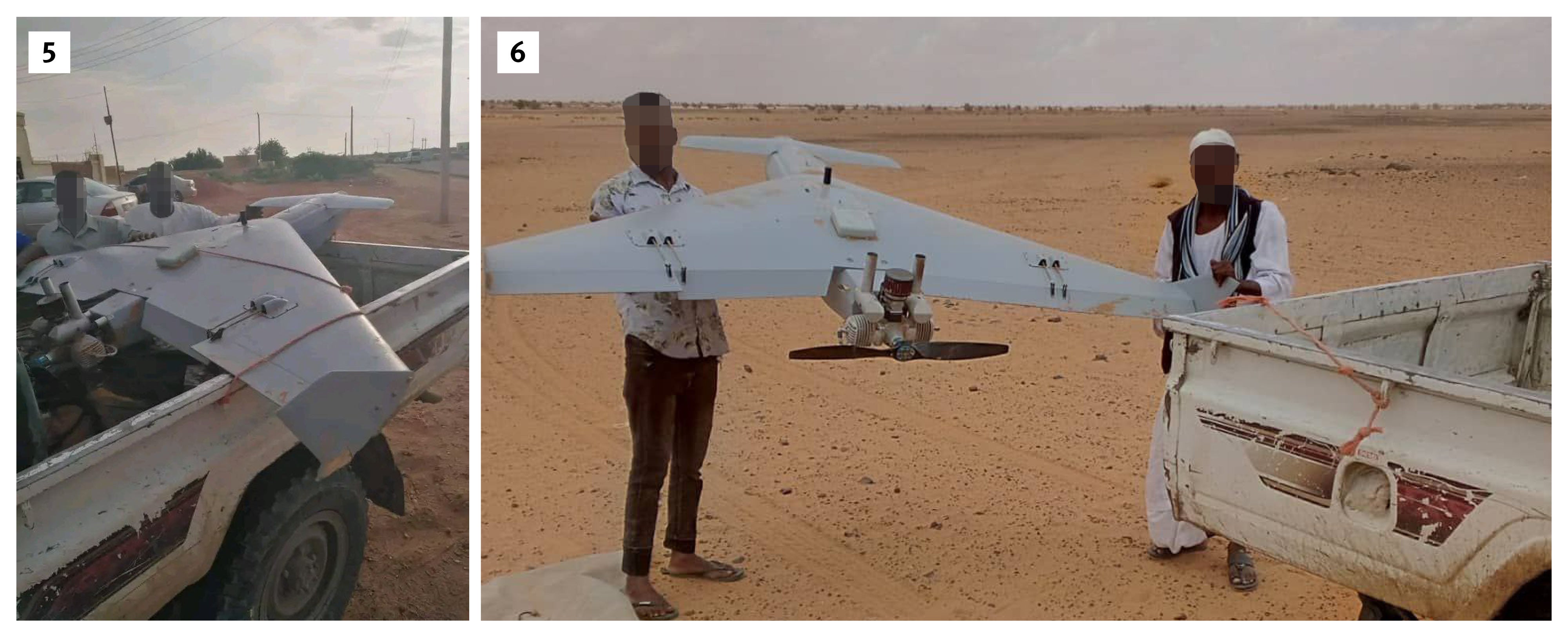 Photographs posted on that day (1 and 2) by a pro-SAF Telegram account show remnants—including an engine—from such a drone that appears to have detonated, as well as fragmentation and thermal damage (3 and 4) apparently caused by the drone (5 and 6). 