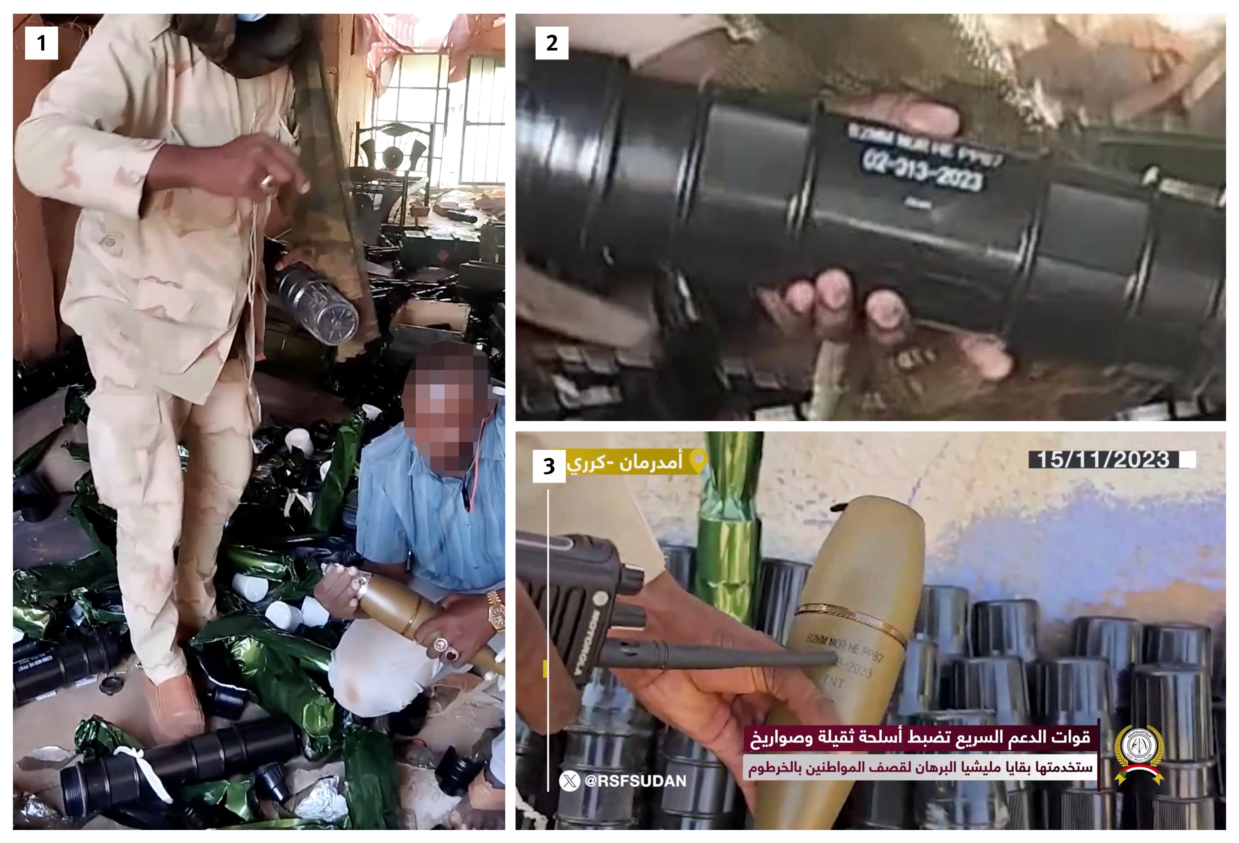 One video (1) posted on X on June 14, 2024, shows a man in RSF camouflage alongside a person in civilian clothing unpacking 82mm Mortar Long-Range HE shells Type PP87, a munition made in China by a state-owned company. The two men are surrounded by similar munitions and their boxes and plastic wrapping. One of the packages bears a marking (2) indicating it was produced in 2023. On November 11, 2023, the RSF posted a video (3) on its Telegram channel, showcasing munitions with the same packaging and markings