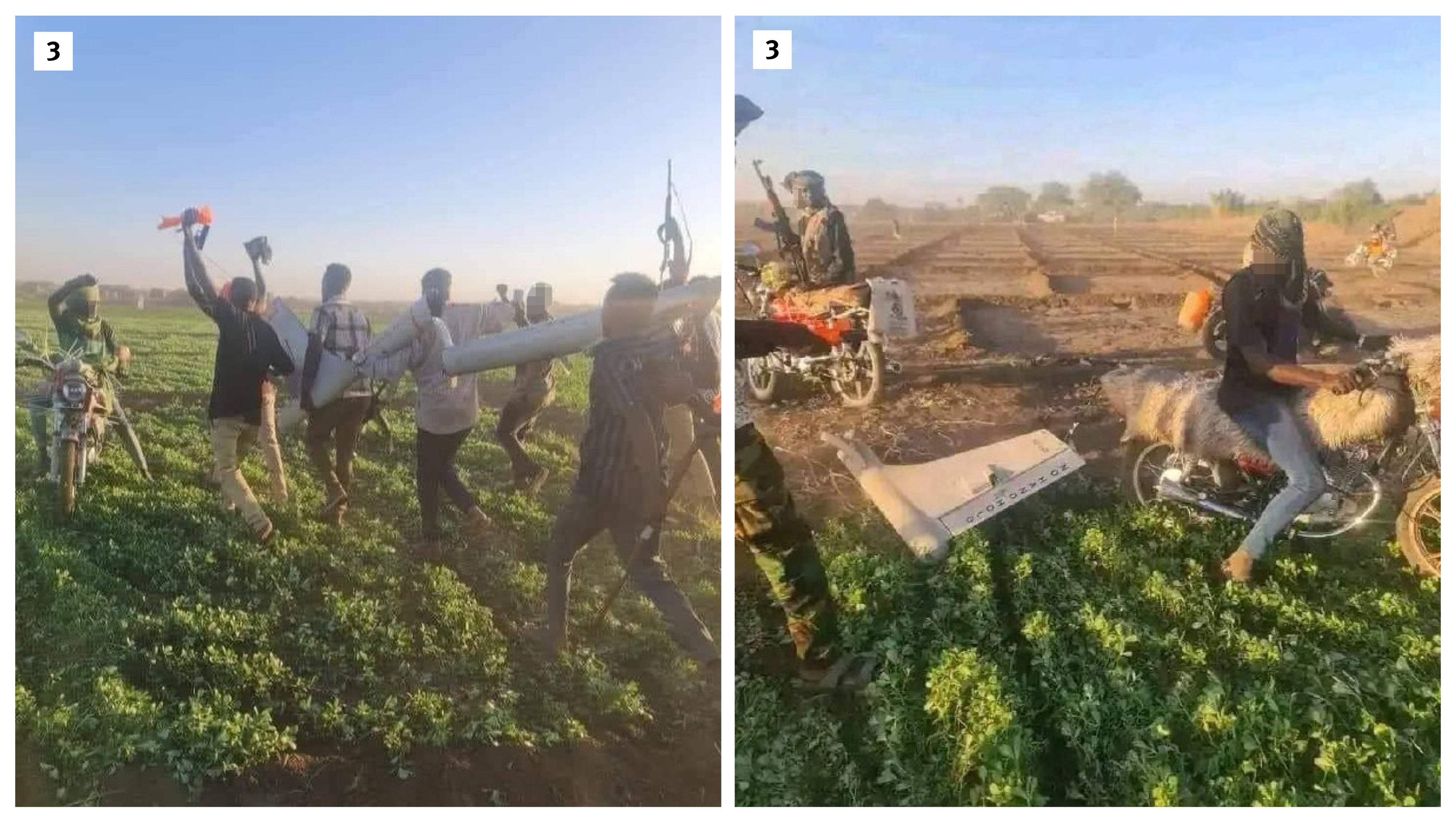 Two photographs (3) published on Telegram on January 6, 2024, show remnants characteristic of a Mohajer-6. In one of the photographs, RSF fighters are triumphantly brandishing the remnants, suggesting the RSF shot down a drone in use by the SAF. These emerged the same day as a video posted to the RSF Telegram consisting of two clips. The first shows a fighter in a beige uniform on a rooftop firing a shoulder-fired surface-to-air missile at a flying object. The second clip (3) shows men in a field similar to