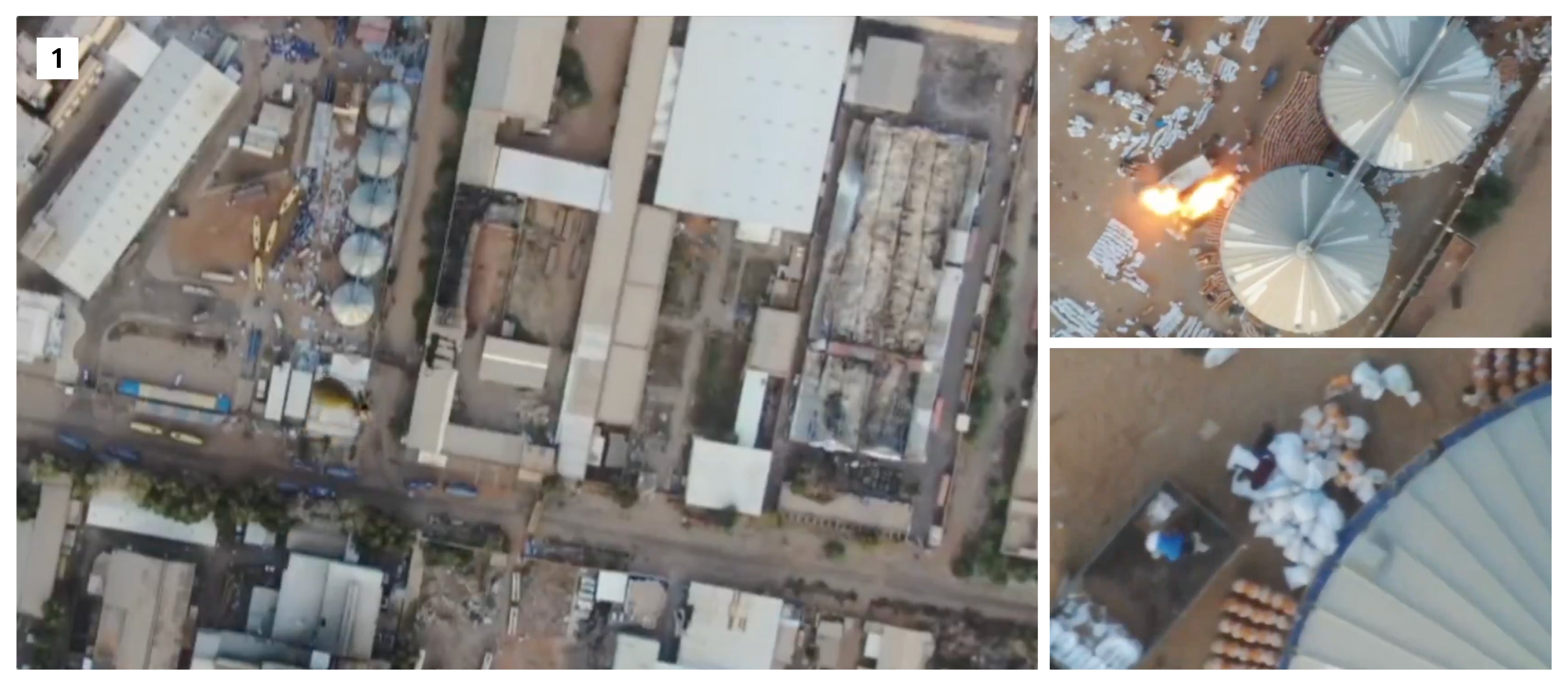 One of the videos (1), posted to a pro-SAF account on March 19, 2024, shows the feed of a drone dropping a munition on people wearing civilian clothes who are loading a truck with apparent sacks of grain or flour in the busy courtyard of the Seen flour mills in Bahri, injuring or killing a man who lies motionless on the floor. No weapons or military equipment are visible near the targeted area on the video feed.