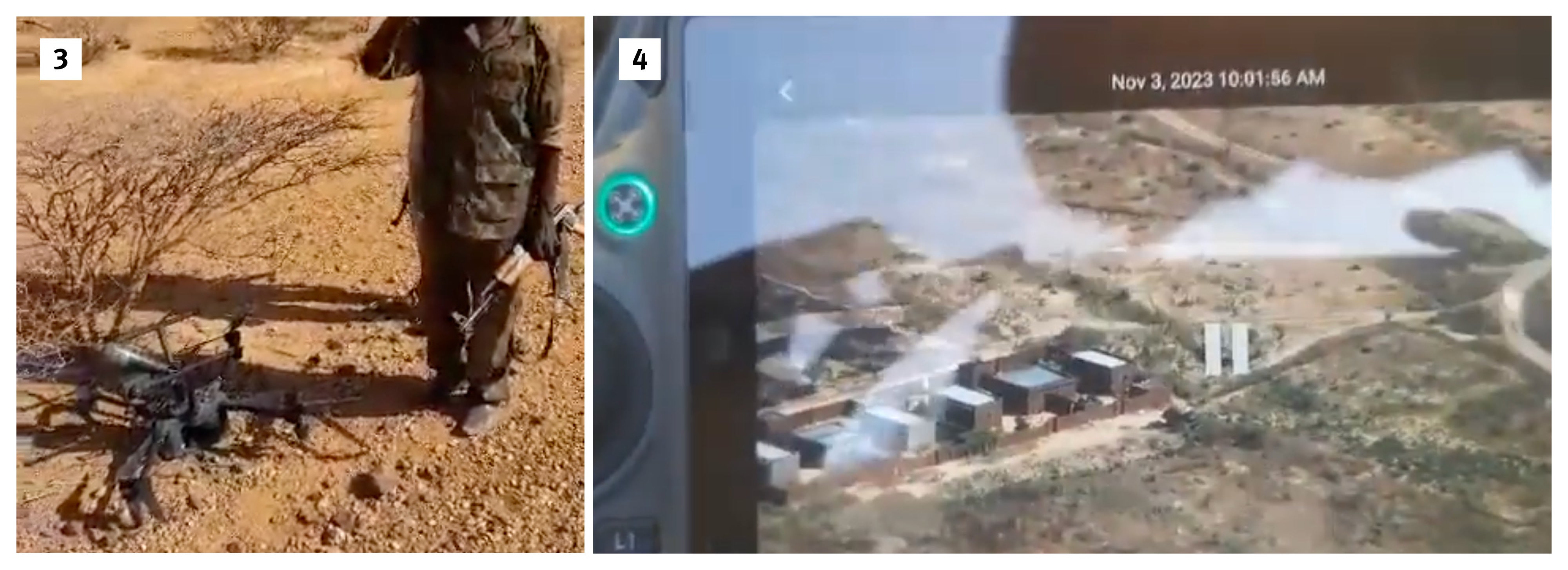 A video (3) posted by a pro-SAF account on June 9, 2024, shows members of the Joint Force— a coalition of Darfuri armed groups aligned with the SAF—around a damaged drone which they claim was used by the RSF in El Fasher, North Darfur.  The drone is identifiable as a DJI Matrice series from the shape of its main body, the inverted propellers, and its matte grey color. 
