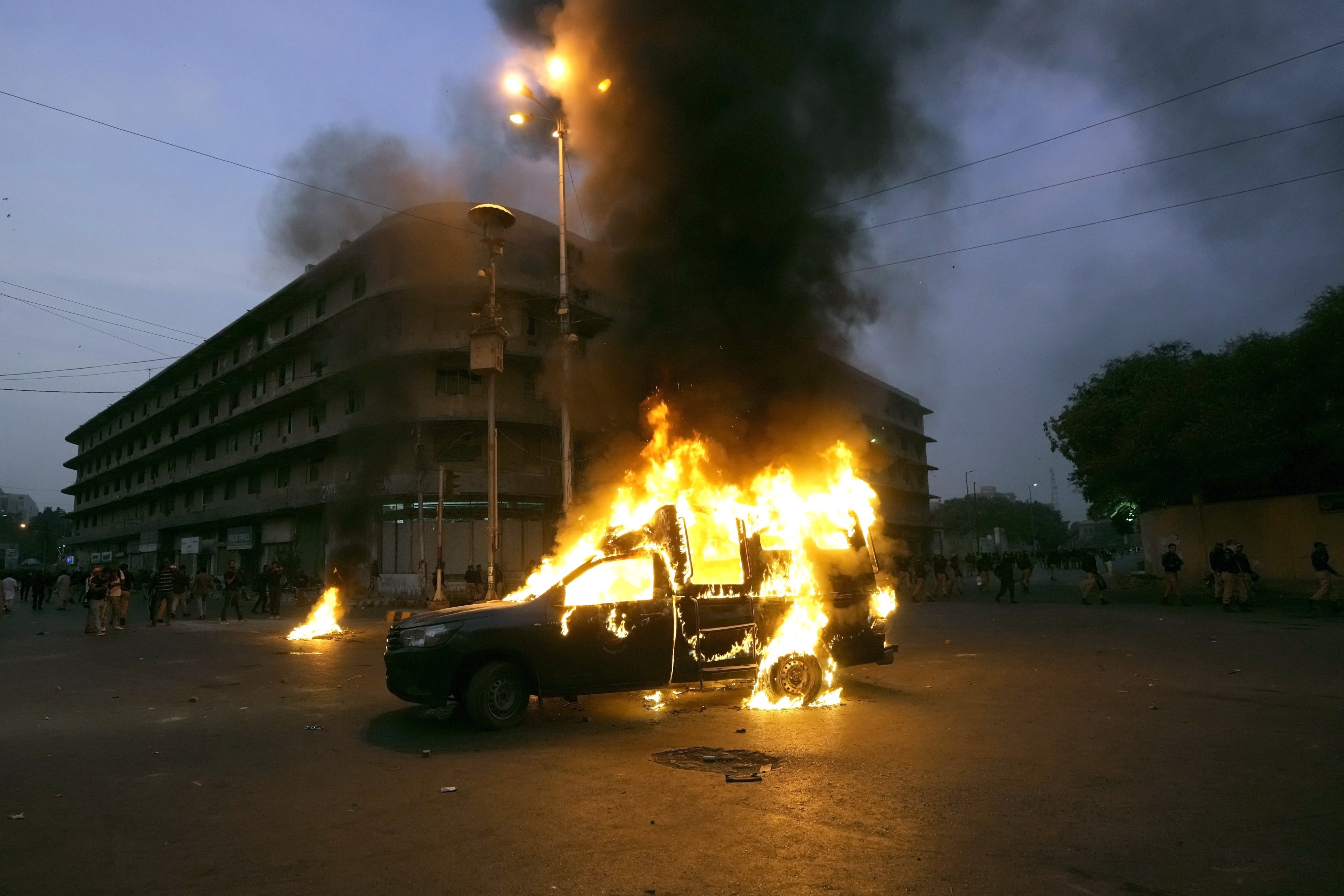 A car on fire.