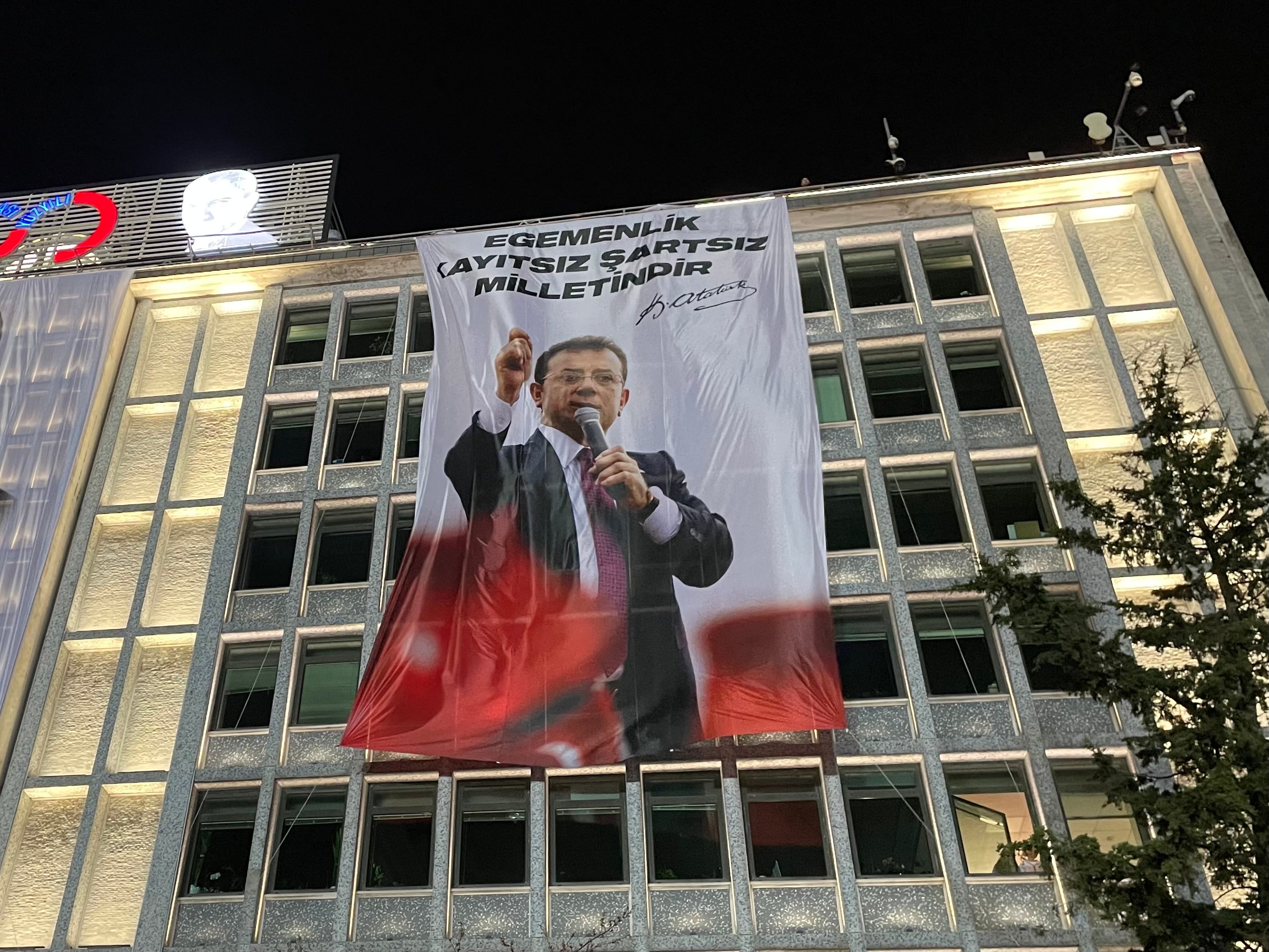 Banner on the Istanbul Municipality building shows mayor Ekrem Imamoglu, March 22, 2025. 