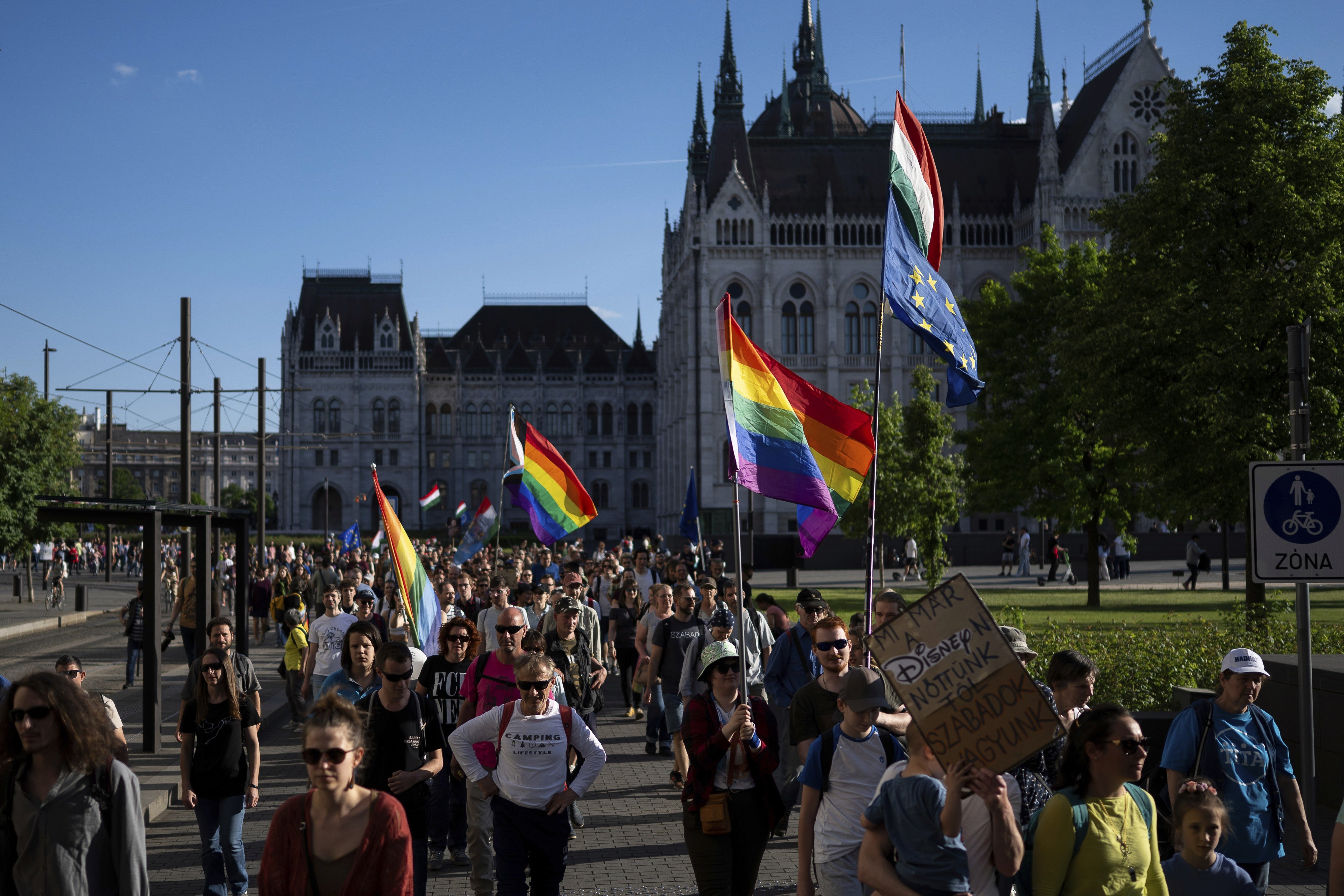 Hungarians march in downtown Budapest to protest against the previous government’s law banning LGBTQ+ Pride events, May 1, 2025.
