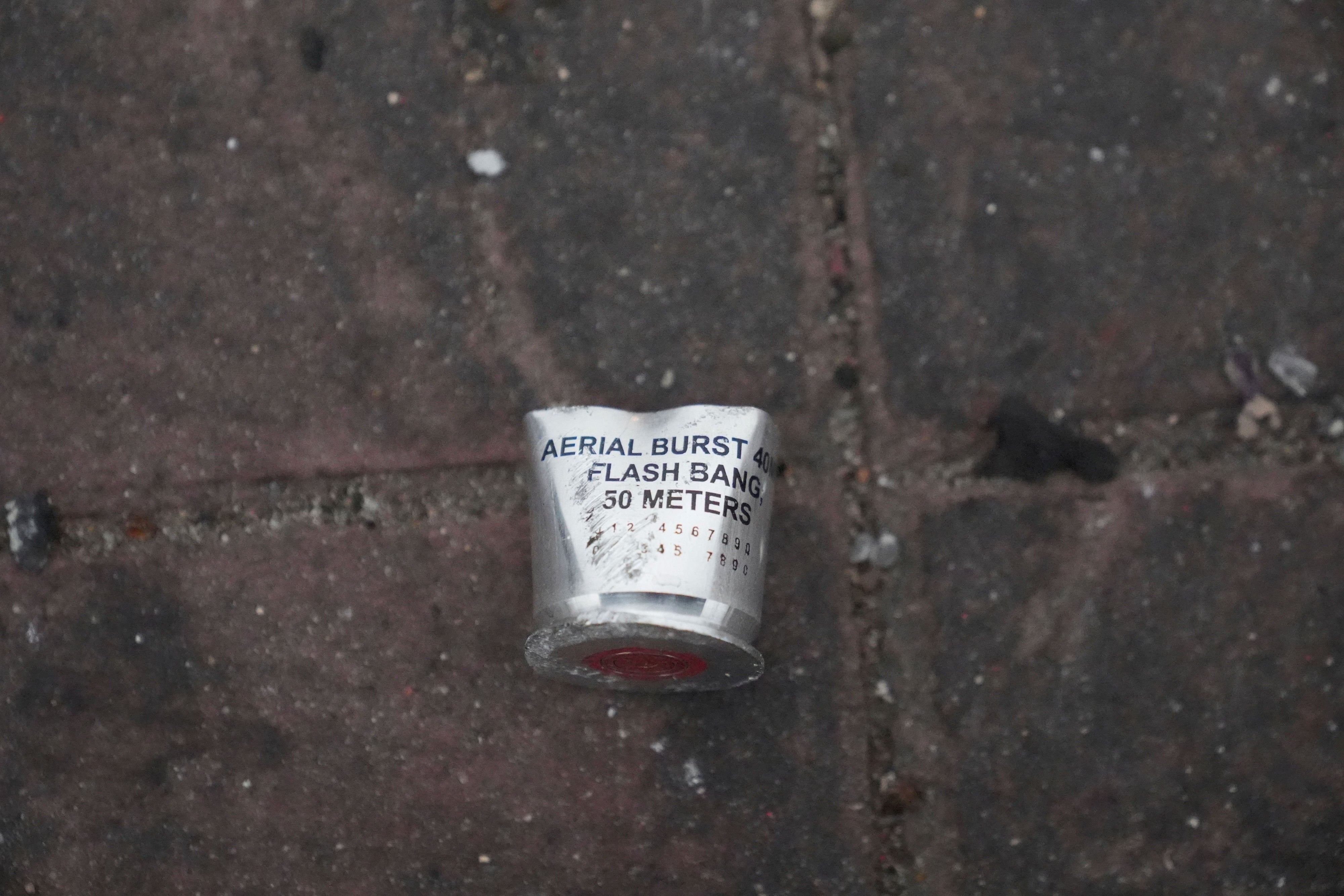 A cartridge case that contained the propellent for a projected flash-bang round. This item is ejected after being fired by a launcher and is meant to land at the shooter’s feet. Compton, California, June 8, 2025.