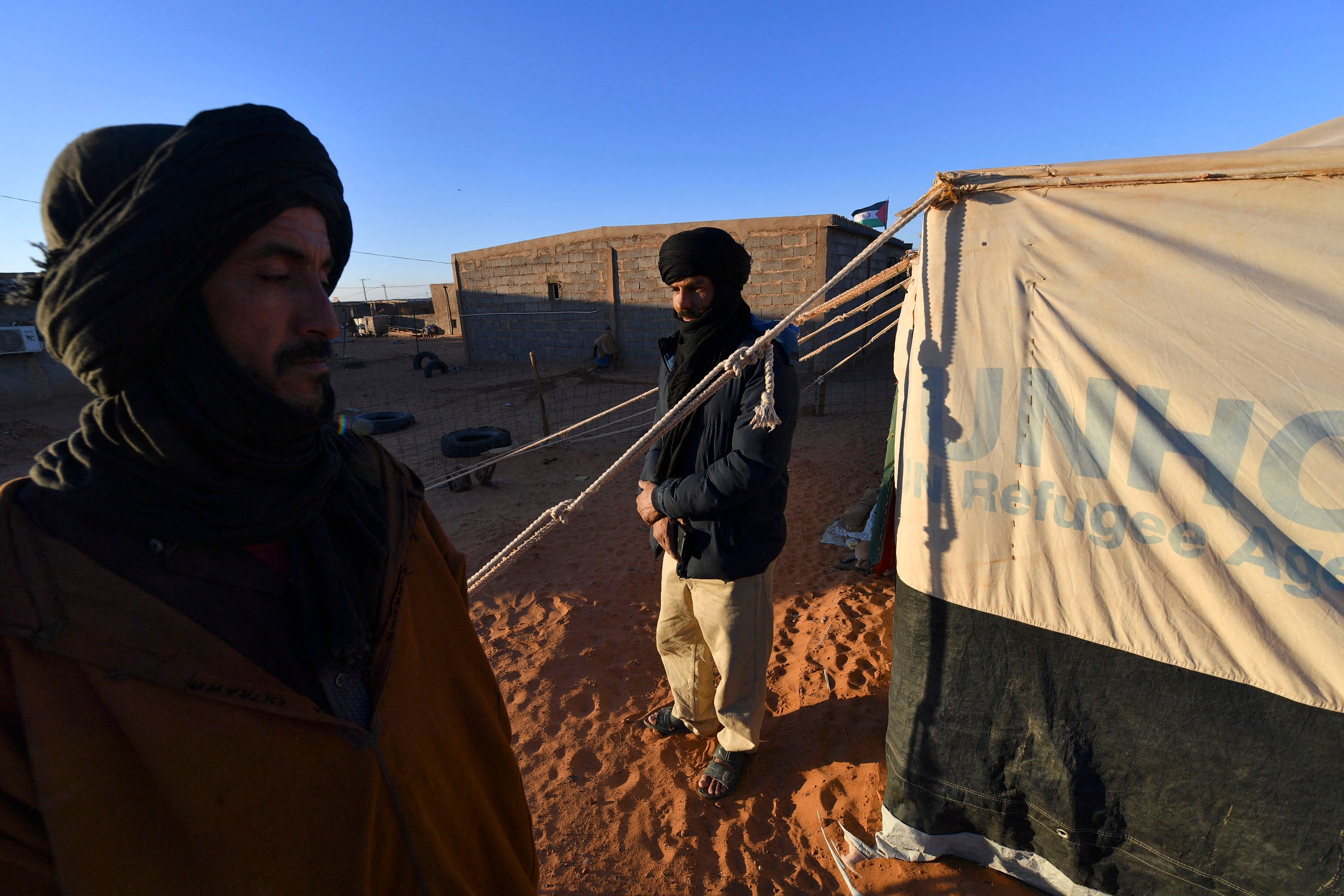 Displaced Sahrawis gather at the refugee camp of Dakhla, which lies some 170km to the southeast of the Algerian city of Tindouf, on January 14, 2023. 
