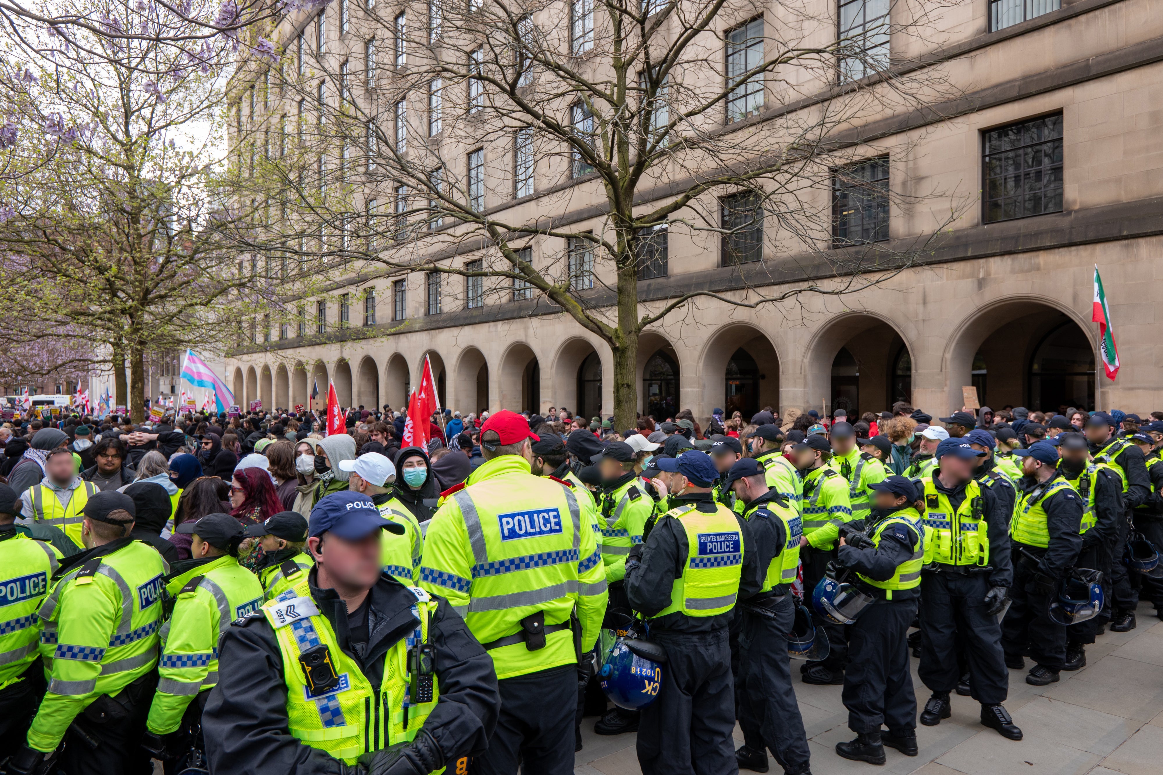 Anti-fascist supporters were kept apart from the Britain First demonstration by police in Manchester, UK, April 18, 2026. 