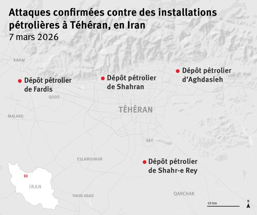 Map of Iran showing Israeli strikes (French)