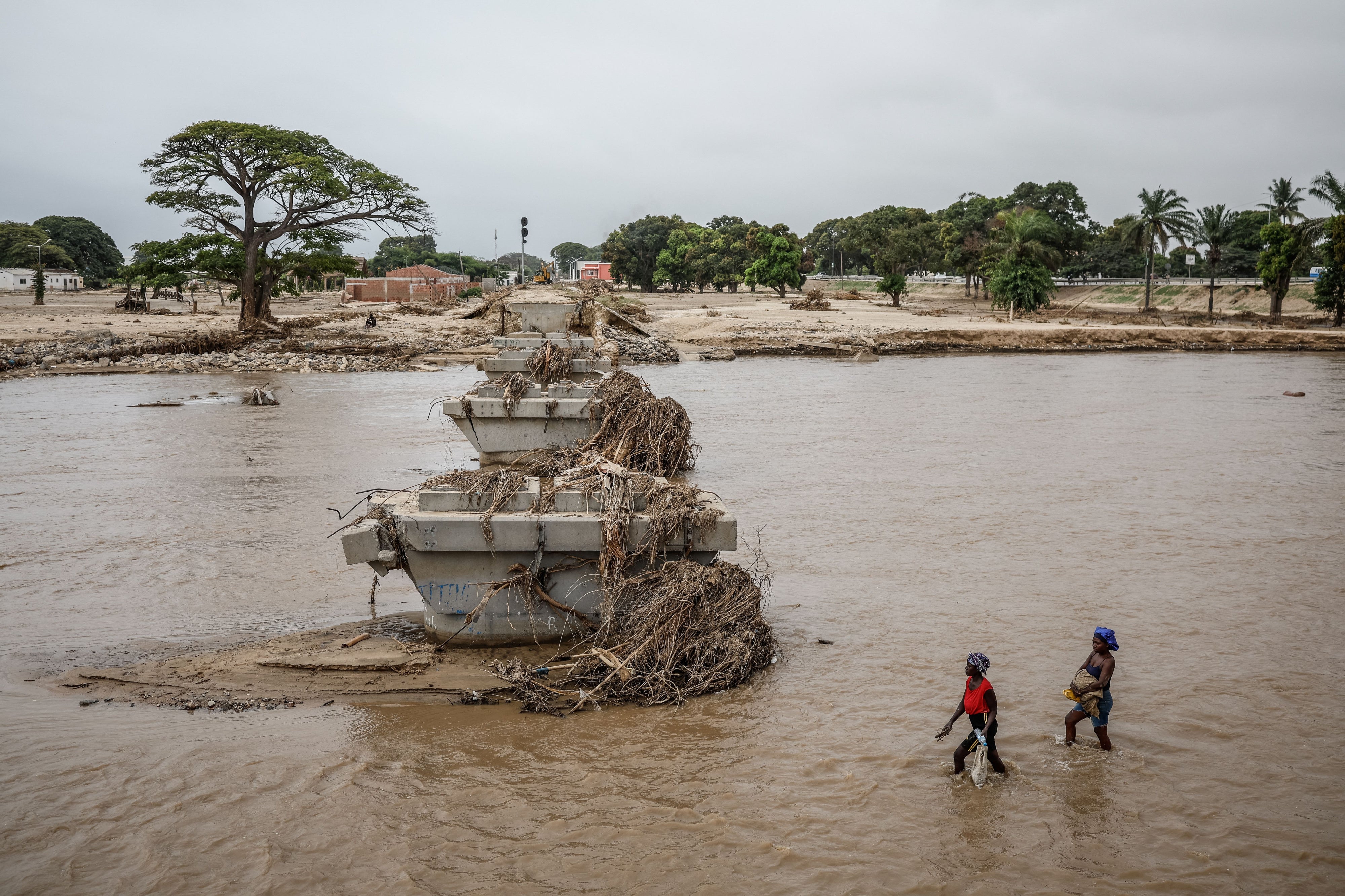 A railway bridge damaged by heavy floods