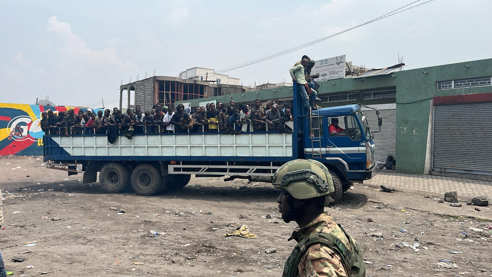 Photograph recorded on January 30, 2025, shared with Human Rights Watch by a journalist and geolocated to the Unity Stadium in Goma, shows a truck full of men in civilian clothes. 