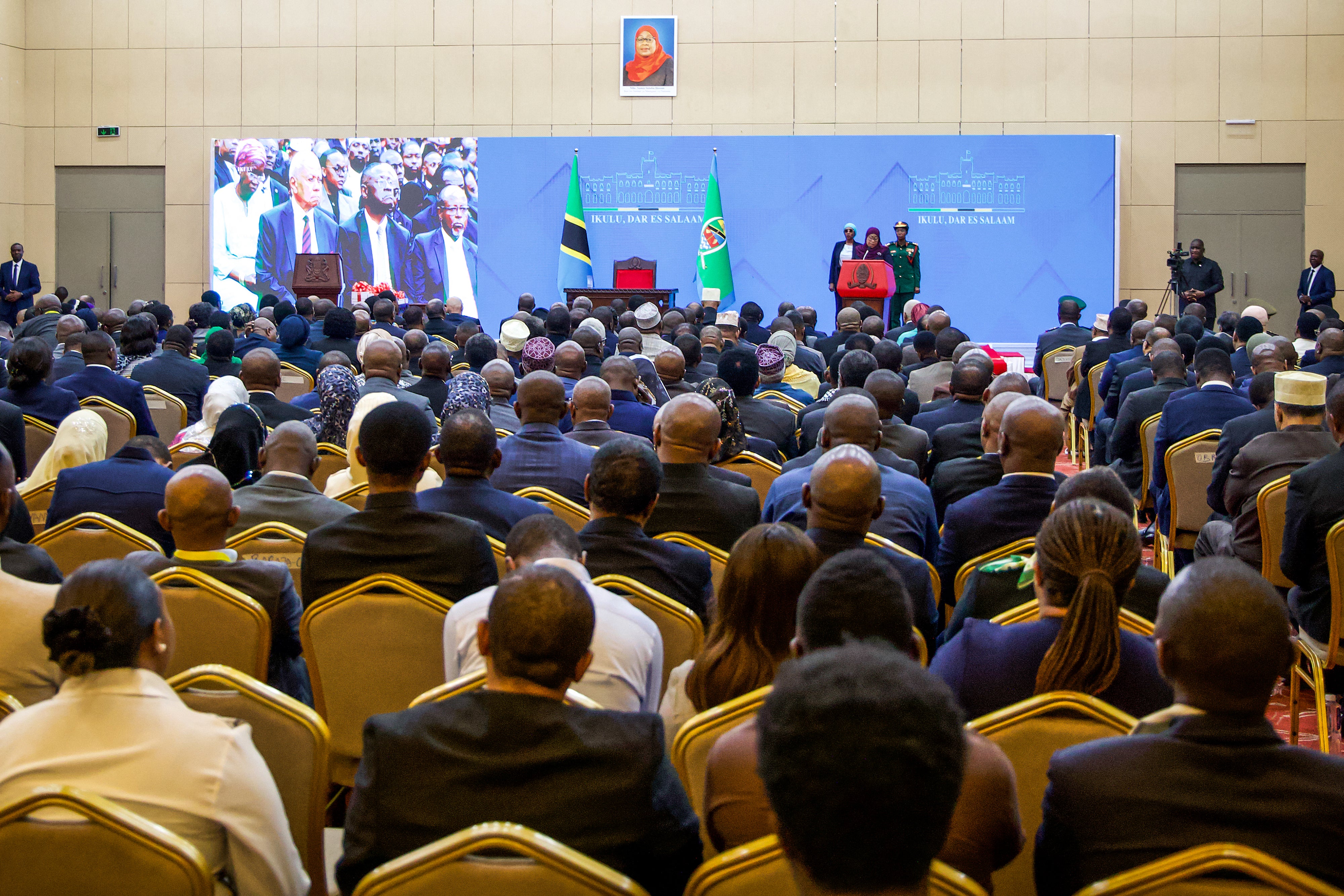 Tanzania's President Samia Suluhu Hassan delivers remarks following the presentation of findings from a Commission of Inquiry organized by the Tanzanian government following unrest around the country's election, at the State House in Dar es Salaam on April 23, 2026. 