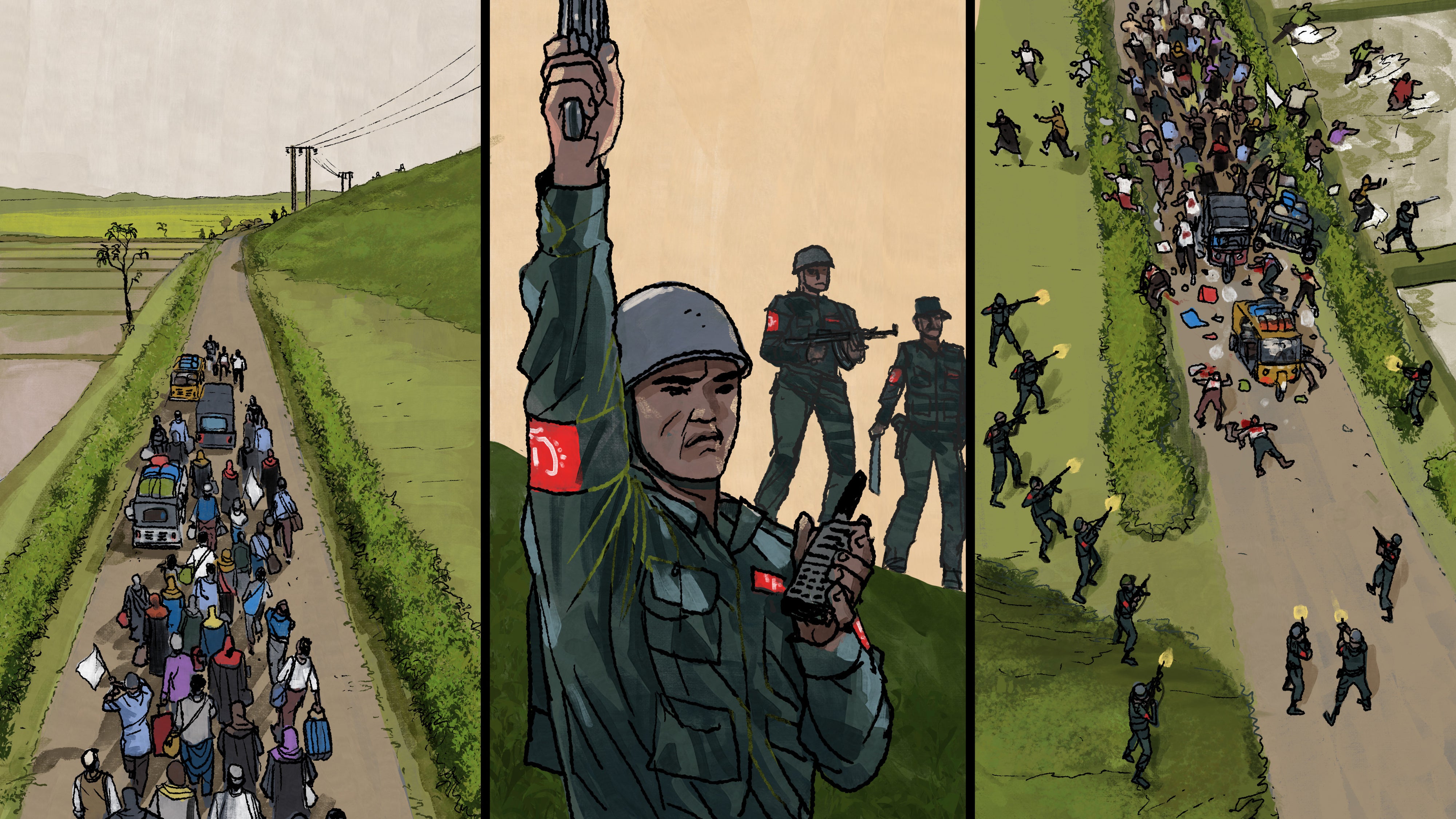 Trois illustrations du massacre commis par l'Armée d’Arakan à Hoyyar Siri, dans l’ouest du Myanmar, le 2 mai 2024. 