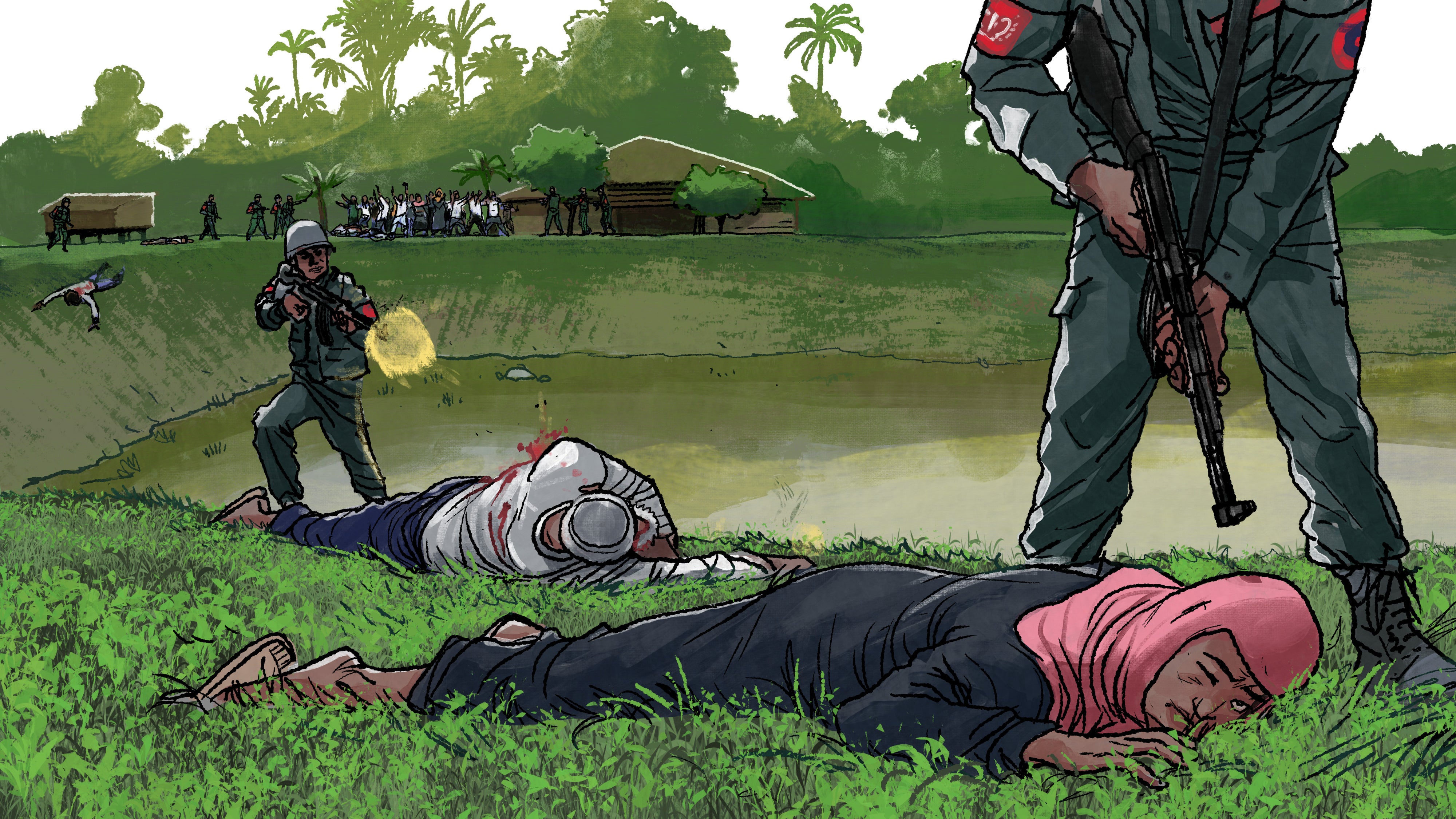Illustration of armed soldiers executing civilians near a mosque