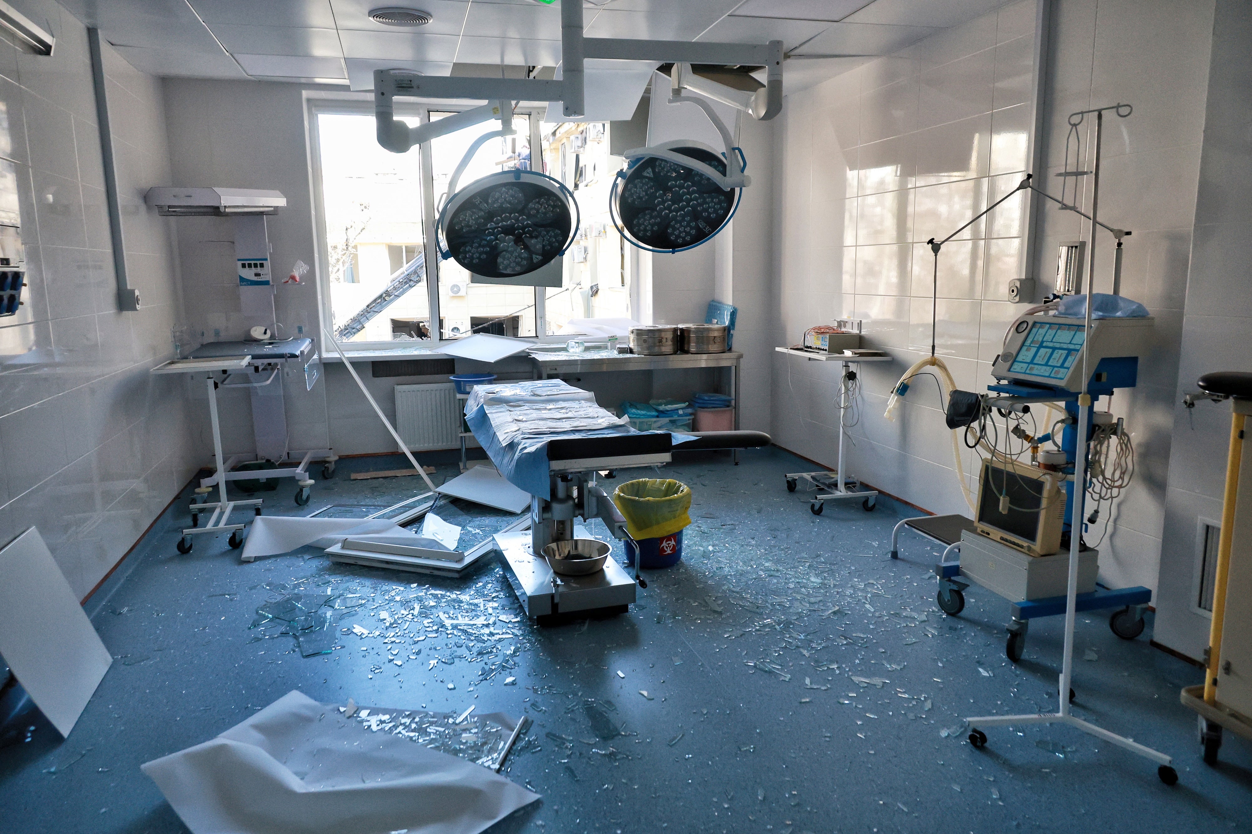 Debris in a procedure room at Maternity Hospital No. 5 after a Russian drone strike in Odesa, Ukraine, on March 28, 2026.