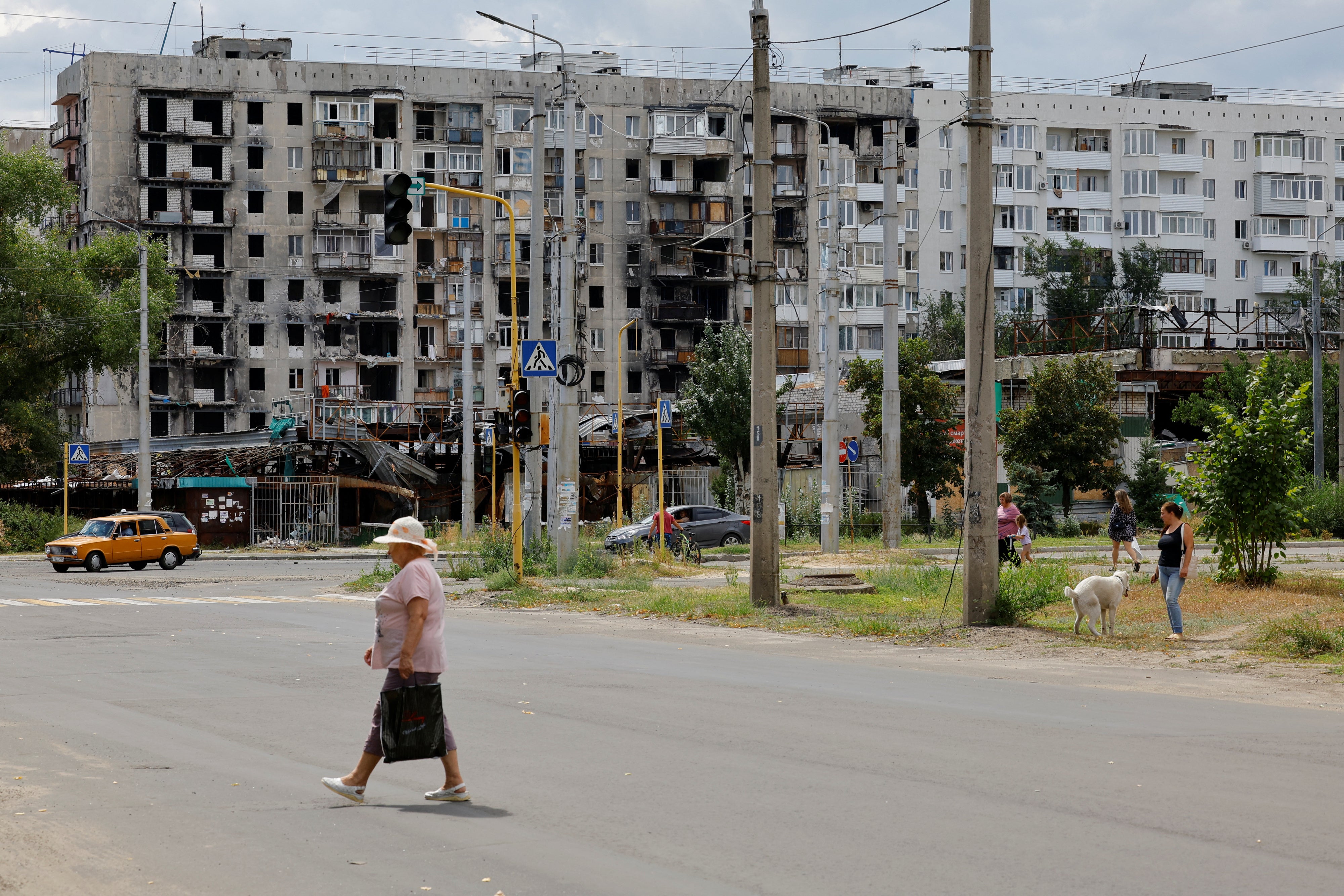 A damaged residential building in the Russian-occupied eastern Ukrainian town of Severodonetsk, Luhansk region, August 8, 2024.