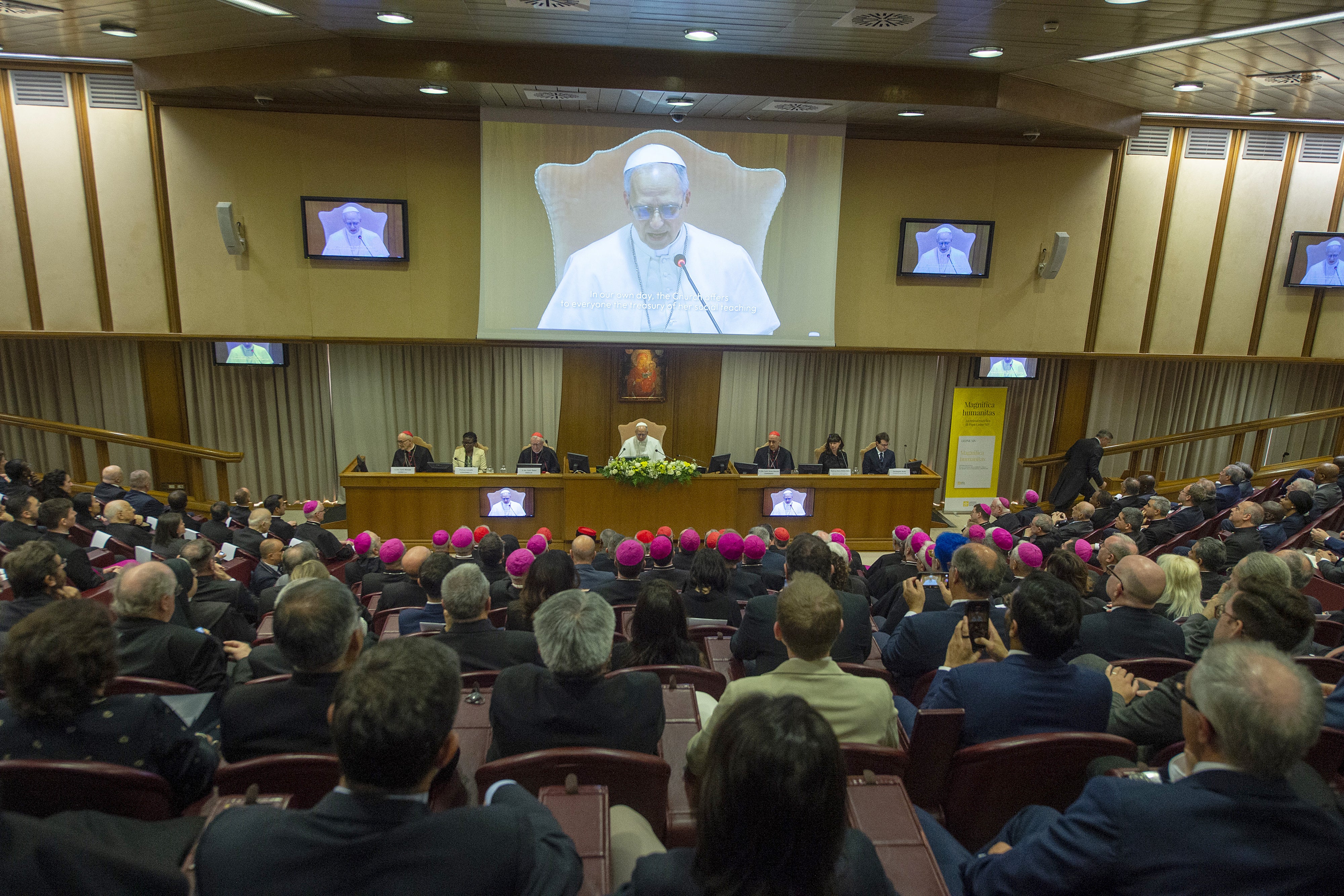 Pope Leo XIV presents his first Encyclical Letter “Magnifica humanitas” at the Synod Hall in the Vatican, May 25, 2026.