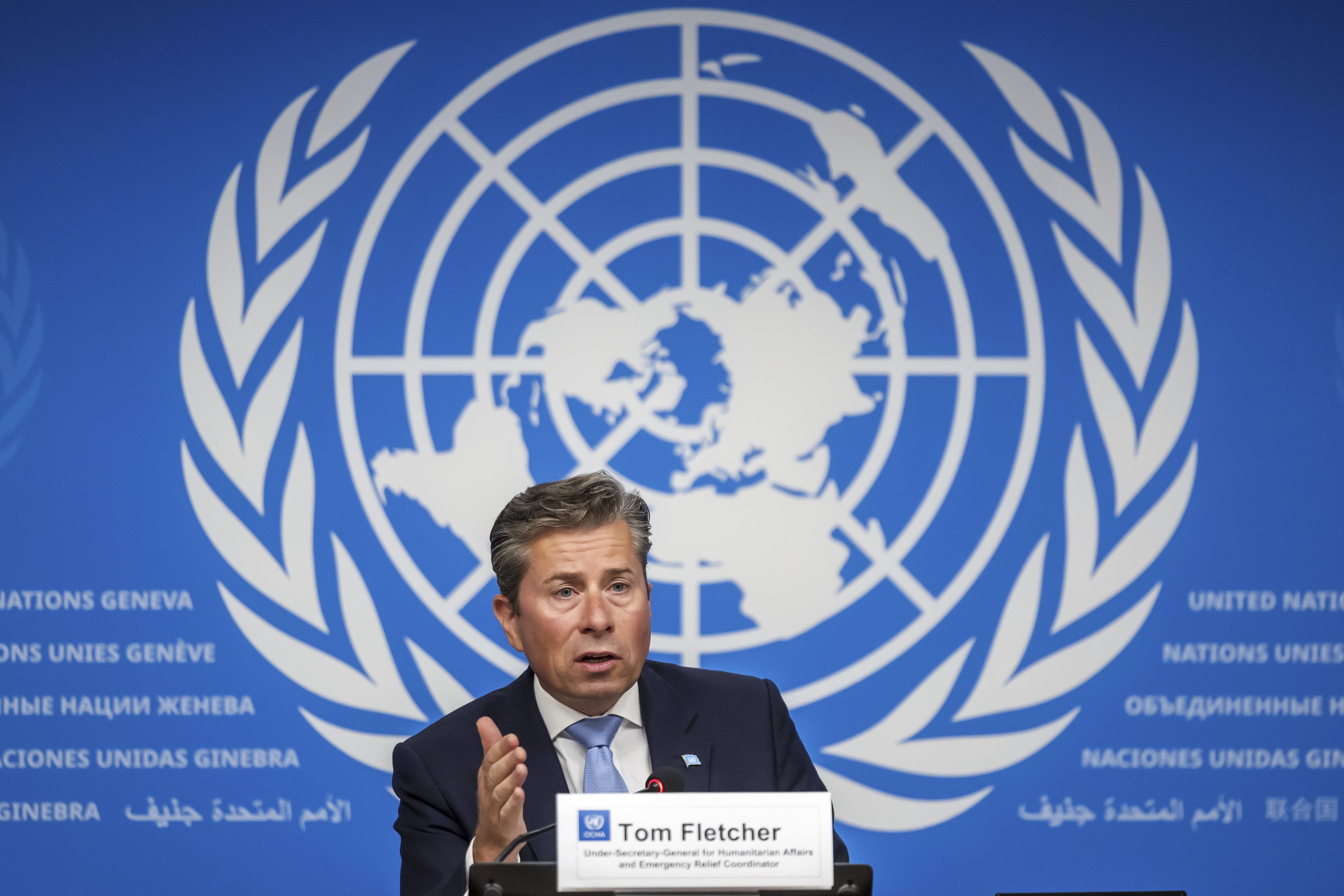 Tom Fletcher, UN Under-Secretary-General for Humanitarian Affairs and Emergency Relief Coordinator, during a press conference in Geneva, August 22, 2025. 