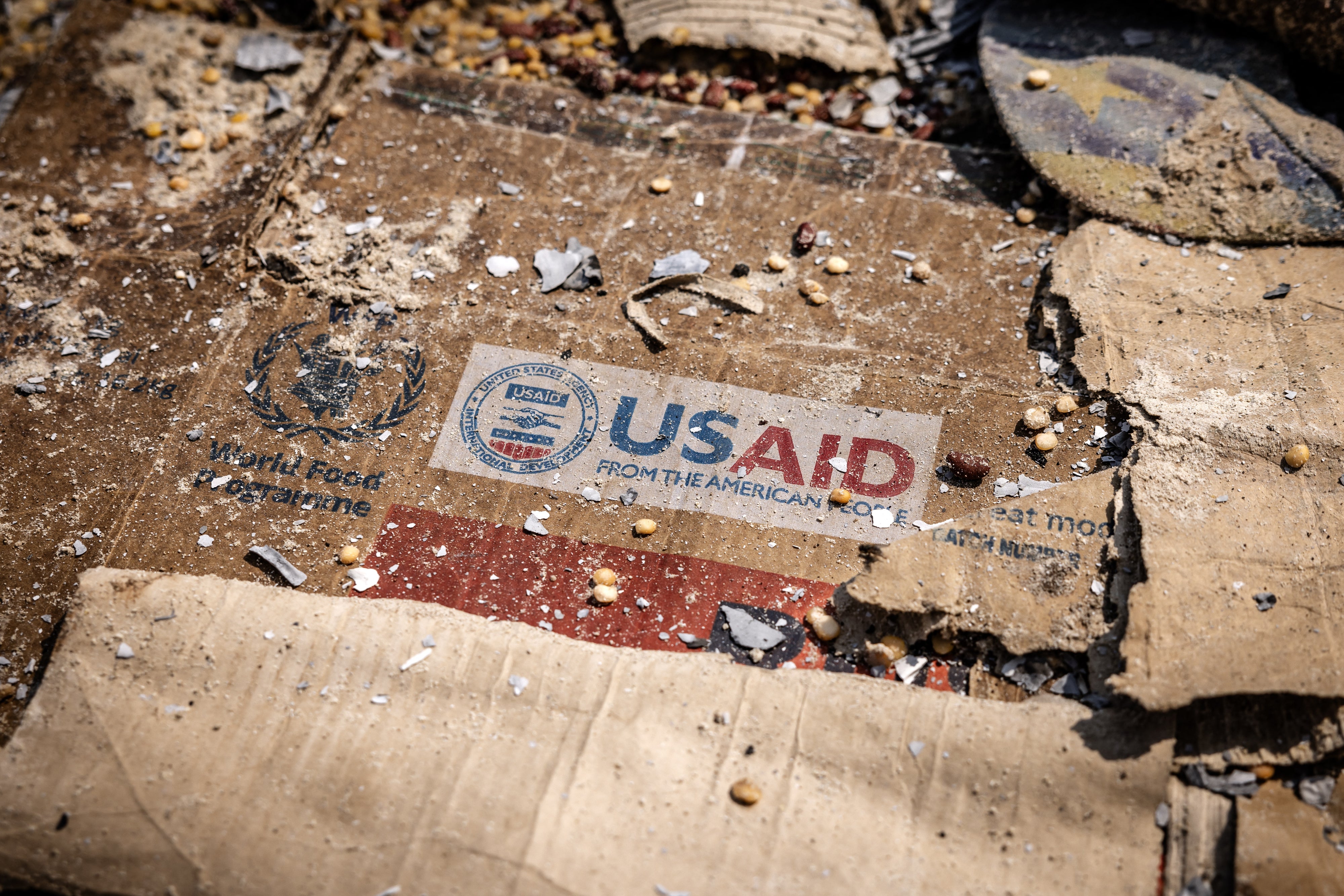 A USAID box amid materials left behind after widespread vandalism and looting following clashes at the World Food Programme warehouse in Bukavu, Democratic Republic of Congo, February 21, 2025.