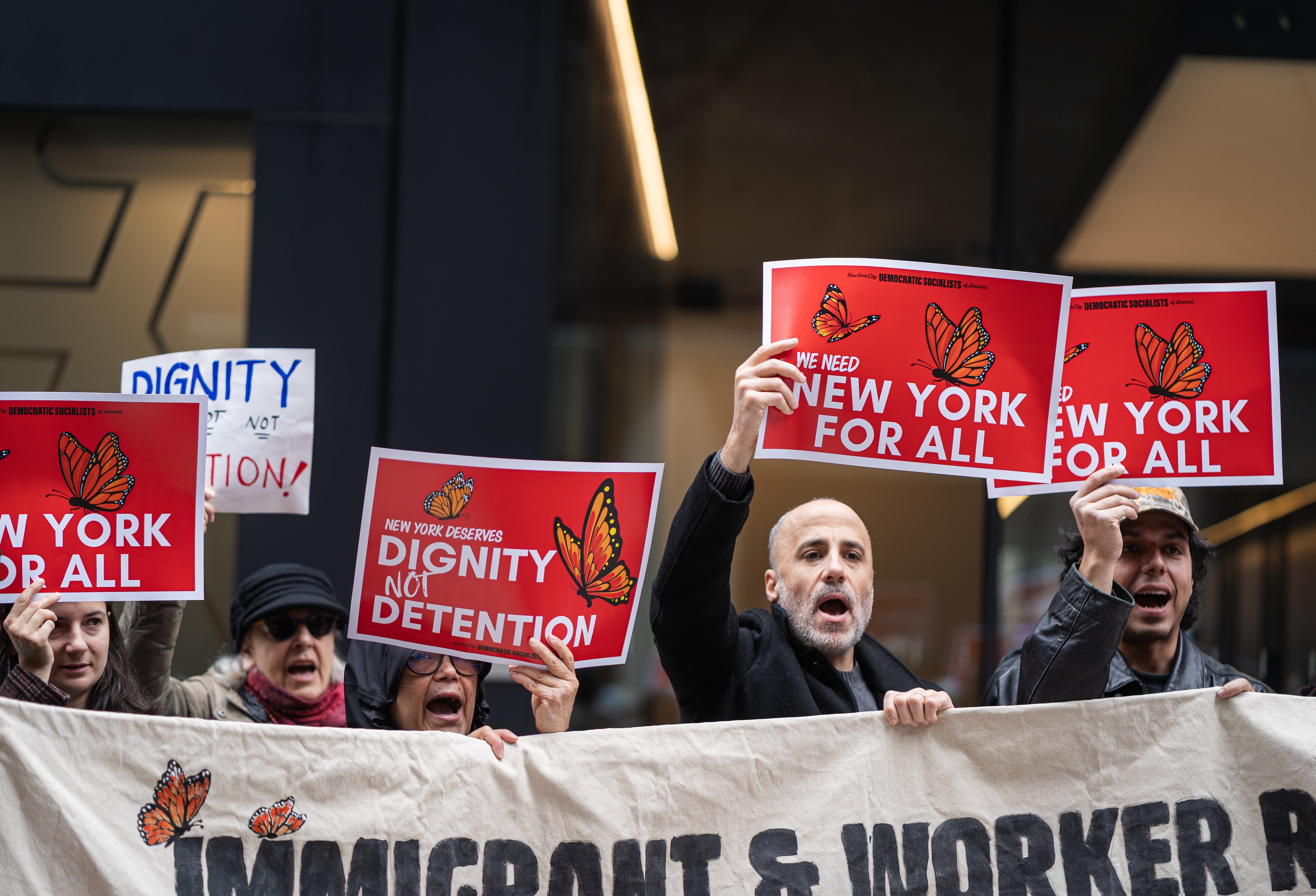 Immigration activists are calling on Governor Kathy Hochul to sign the NY For All Act, which expands protection for immigrants living in New York reguardless of immigration status. New York City, March 22, 2026. 