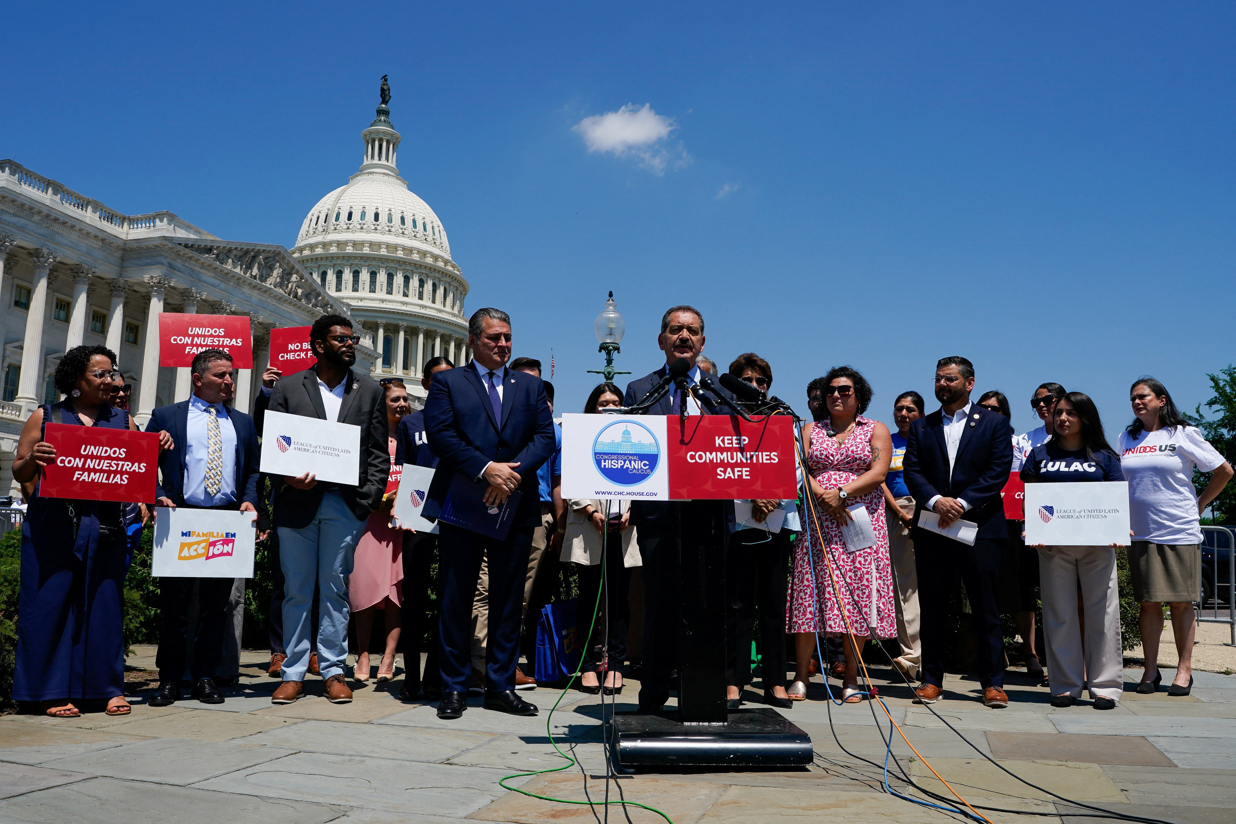 U.S. Representative Jesus "Chuy" Garcia (center) speaks in opposition to Immigration and Customs Enforcement (ICE) funding in the Republican reconciliation plan, on Capitol Hill in Washington, D.C., May 20, 2026.