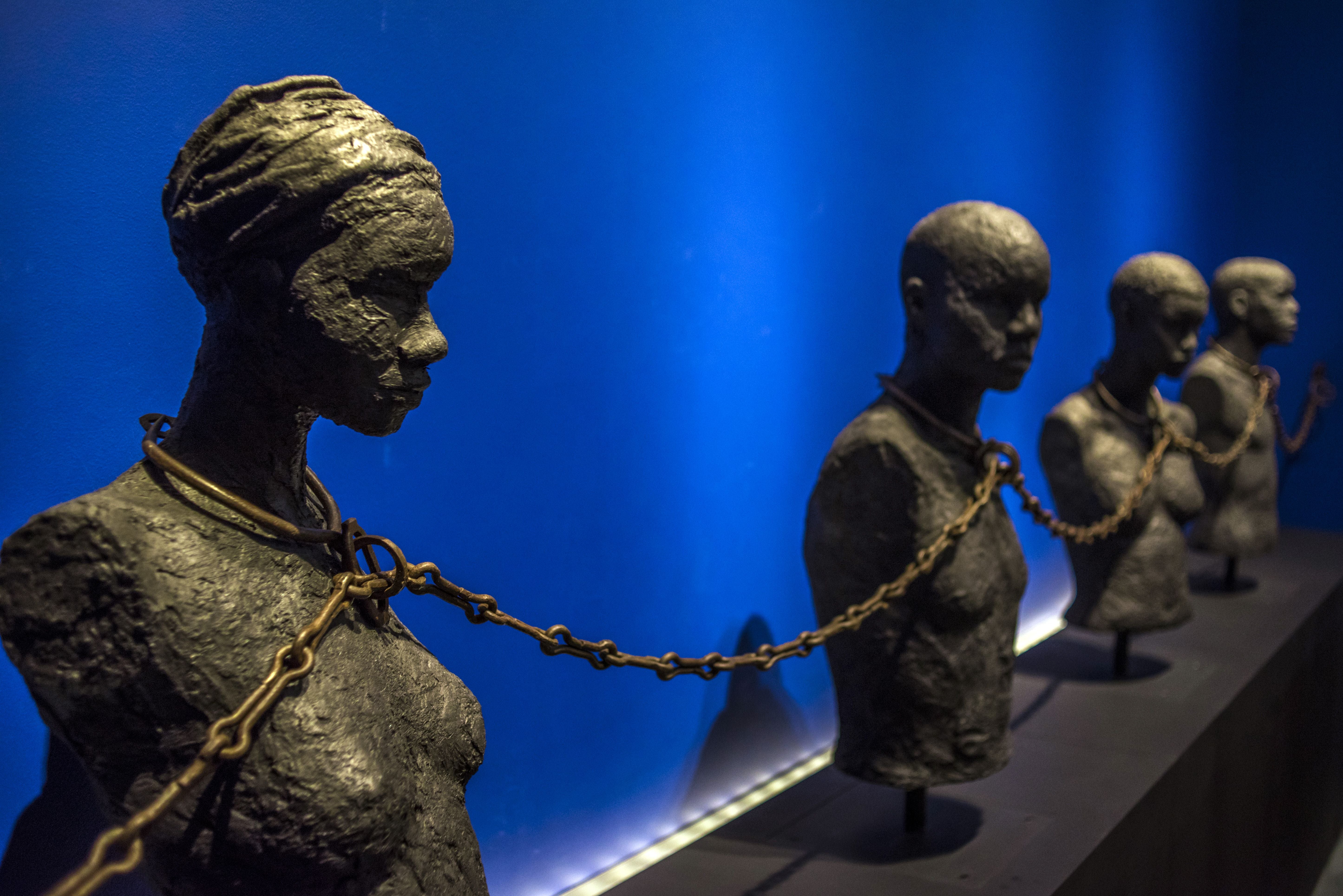 "Slave Chain with Four Yokes" from the Dexue voodoo convent in Adounko, Benin, dating from the 19th century at the Memorial ACTe, the Caribbean Centre of Expression and Memory of Slavery and the Slave Trade, in Point-a-Pitre, May 8, 2015. 