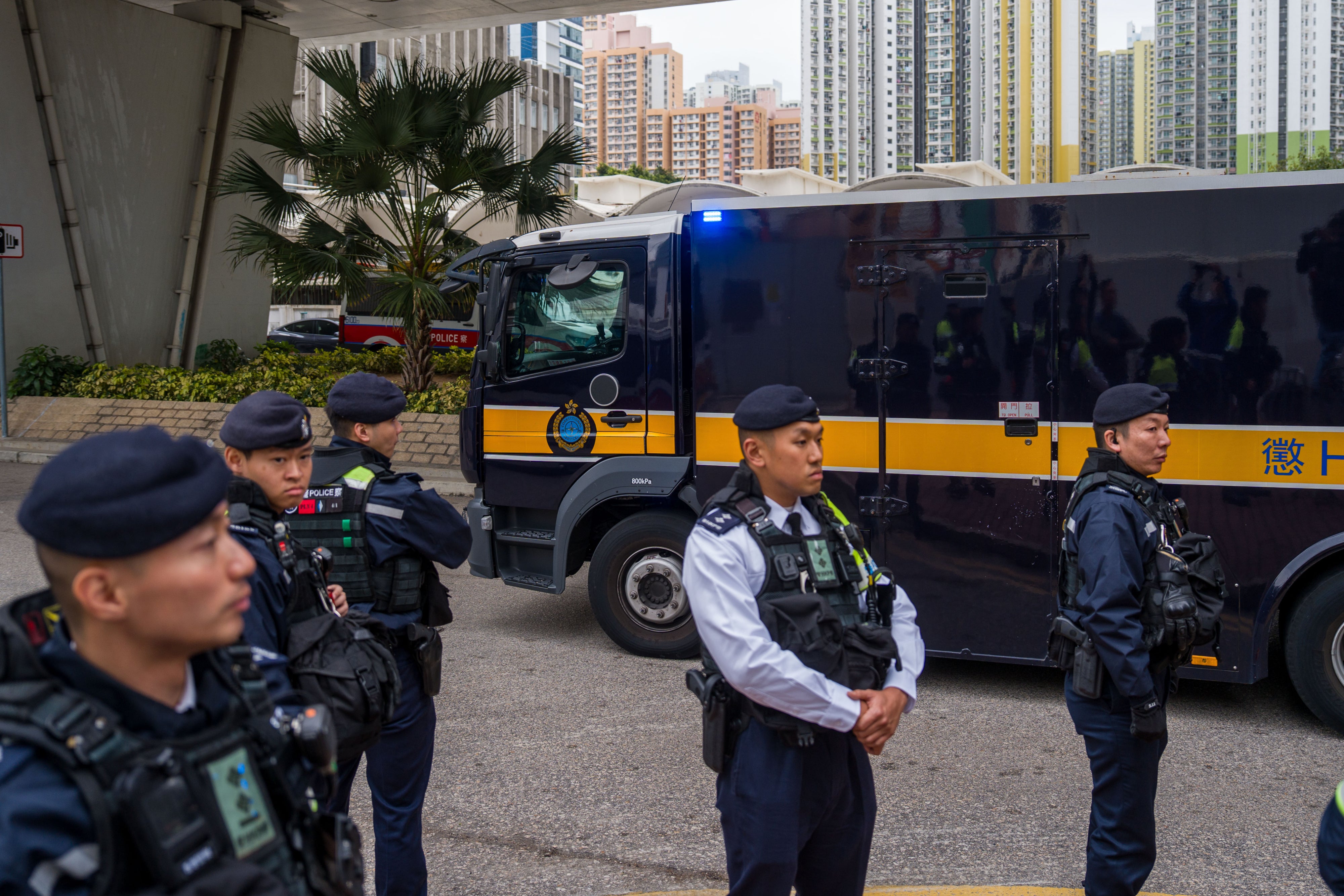 A prison van believed to be carrying Jimmy Lai leaving West Kowloon Magistrates Courts where his sentencing took place in Hong Kong, February 9, 2026.