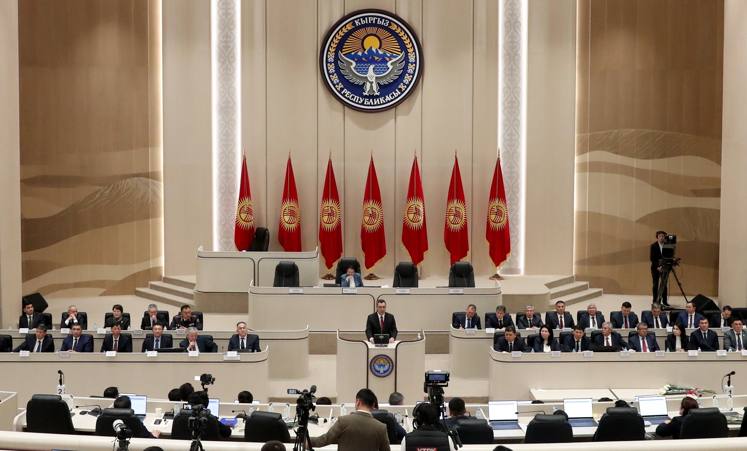 Kyrgyz President Sadyr Japarov speaks during the first session of the Jogorku Kenesh (Parliament) of Kyrgyzstan of the 8th convocation in Bishkek, Kyrgyzstan, December 17, 2025.