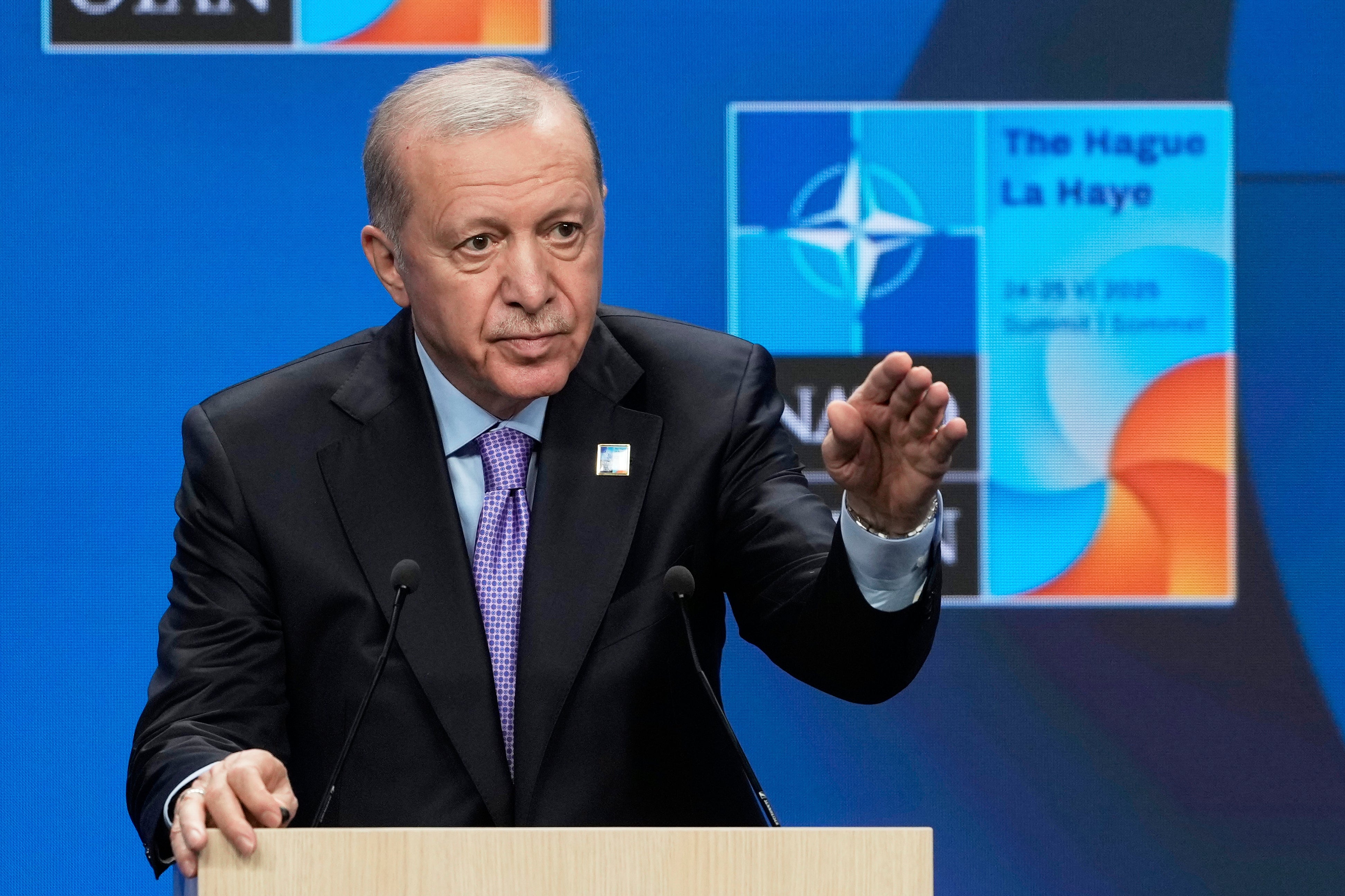 Le président turc Recep Tayyip Erdoğan s’exprimait durant une conférence de presse tenue lors du sommet de l'OTAN à La Haye, aux Pays-Bas, le 25 juin 2025. 