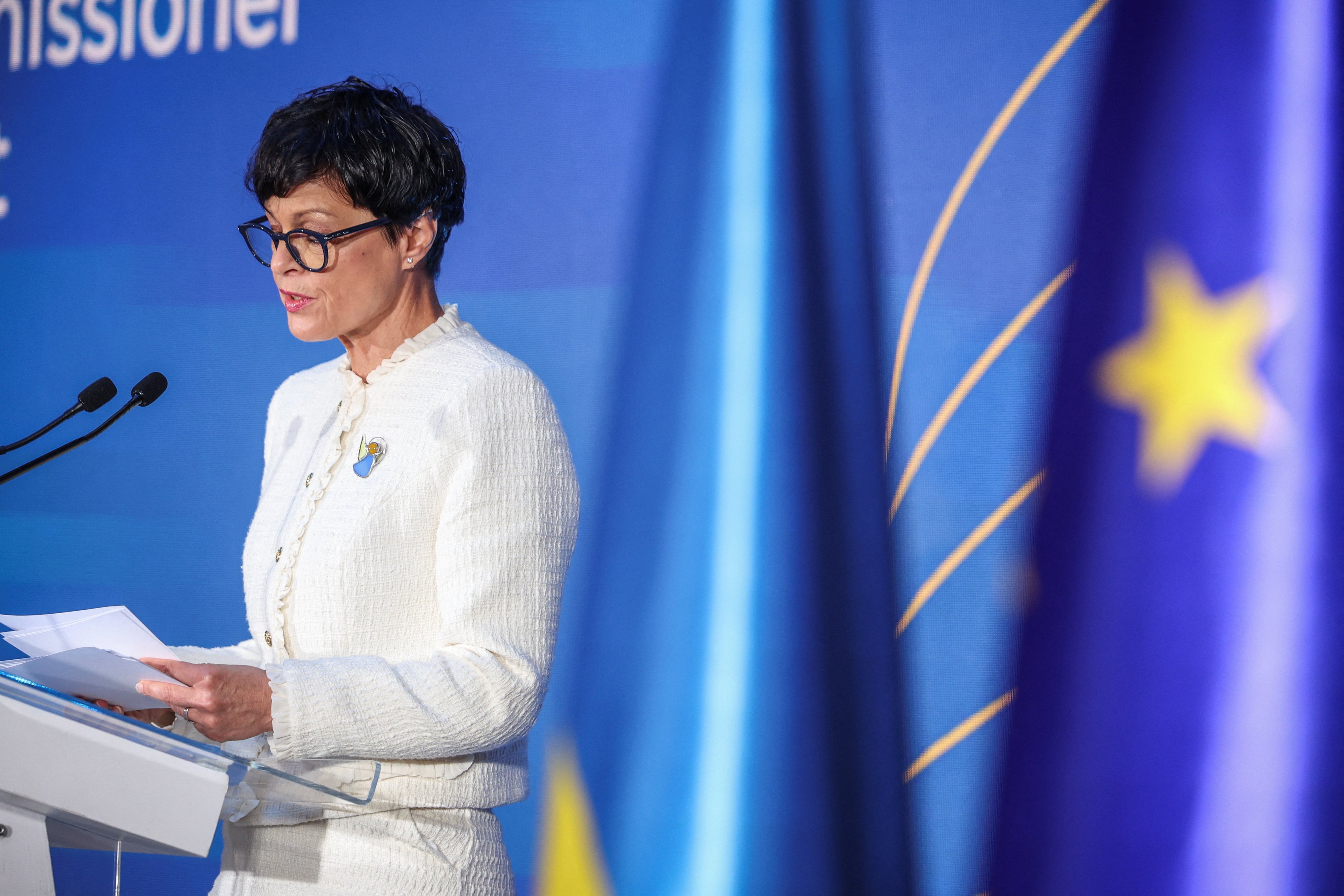 European Enlargement Commissioner Marta Kos speaks at a forum supporting Ukraine's EU accession reforms, amid Russia's attack on Ukraine, in Kyiv, Ukraine, June 8, 2026.