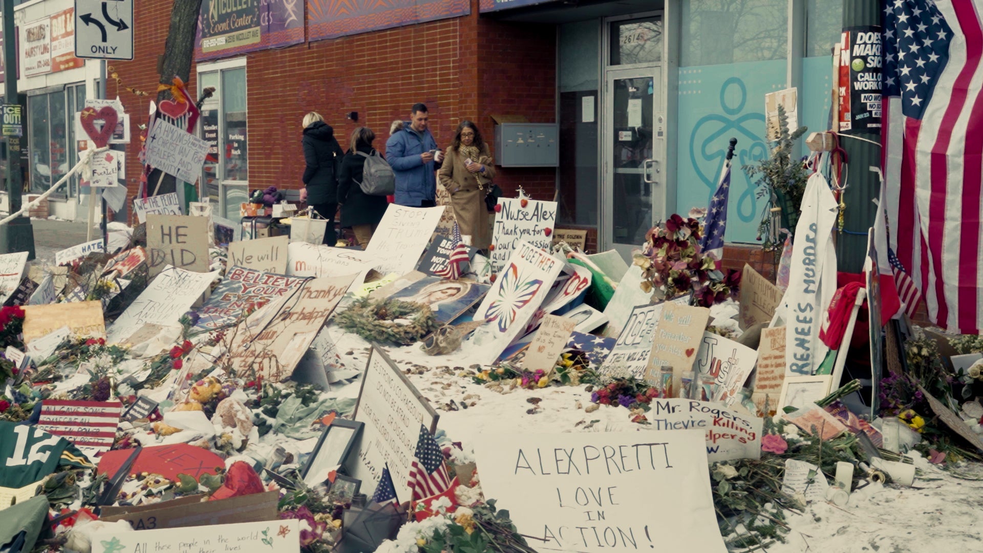 A memorial site set up by community members where Alex Pretti was killed in Minneapolis, Minnesota. 