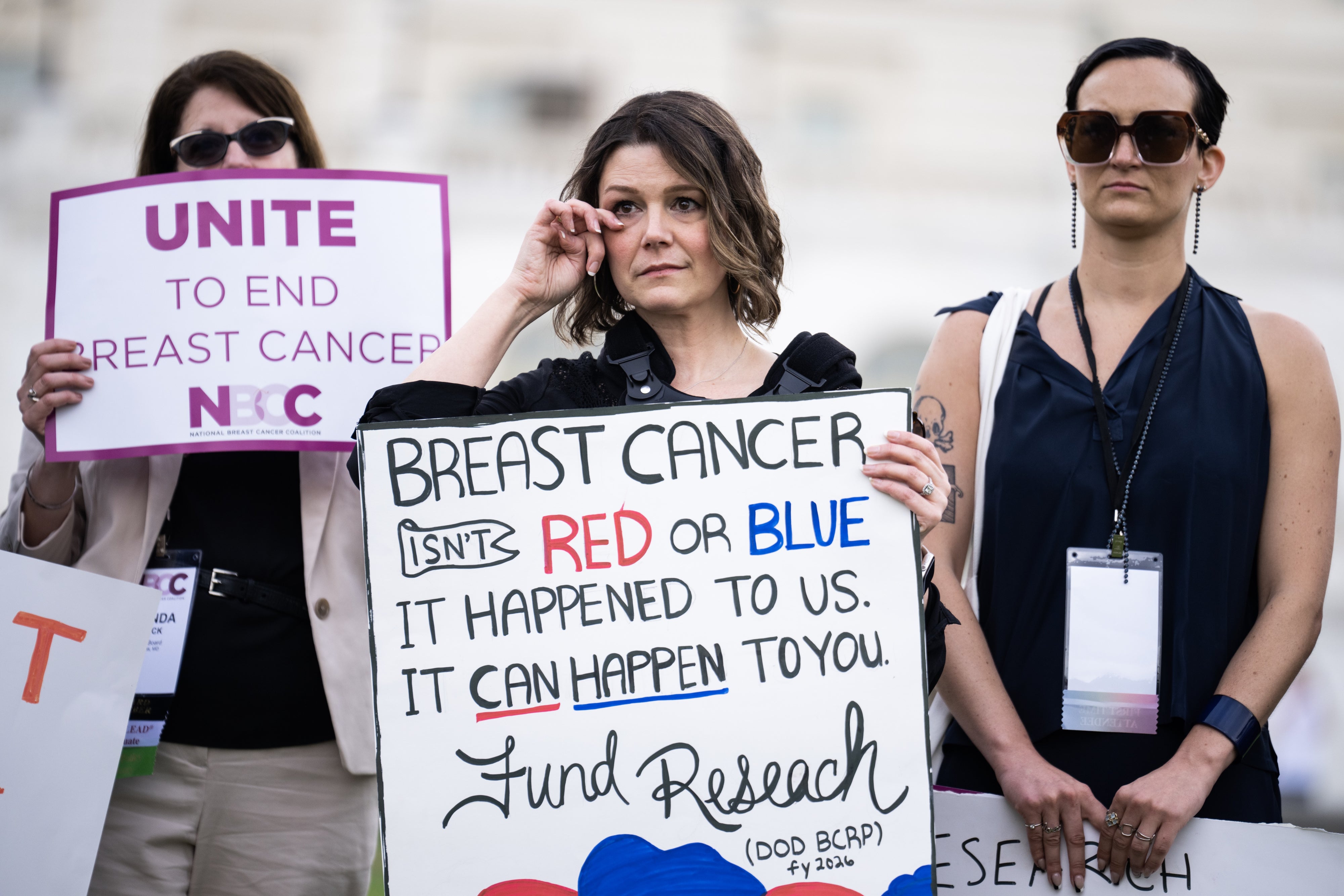 People attend a rally at the US Capitol to support research and policies for breast cancer treatment that are at risk by proposed Medicaid cuts, on May 6, 2025.